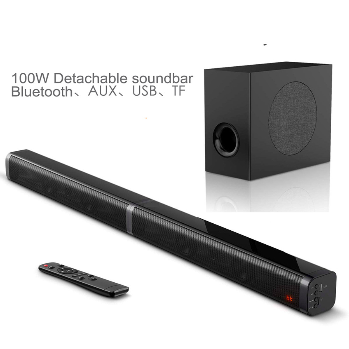 Eine schwarze Soundbar mit Subwoofer und Fernbedienung auf weißem Hintergrund.