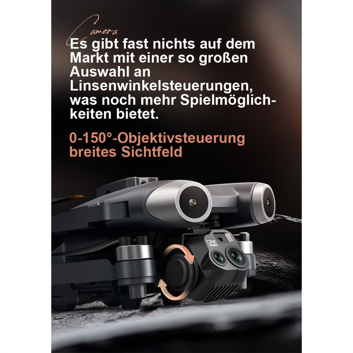 Nahaufnahme einer Drohne mit deutschem Text. Die Drohne hat zwei Kameras.