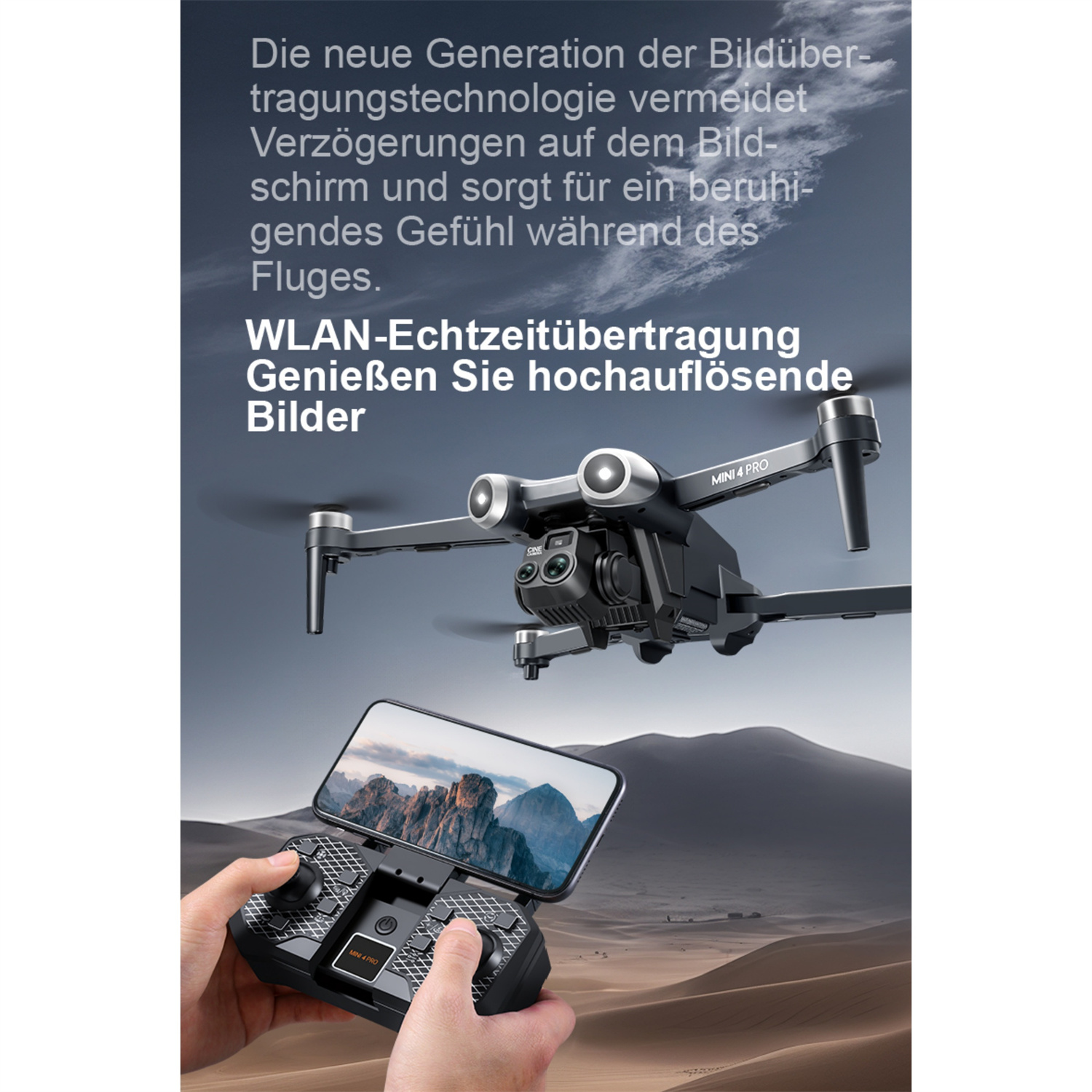 Drohne fliegt in der Luft. Fernbedienung in der Hand. Text auf Deutsch über Bildübertragung.