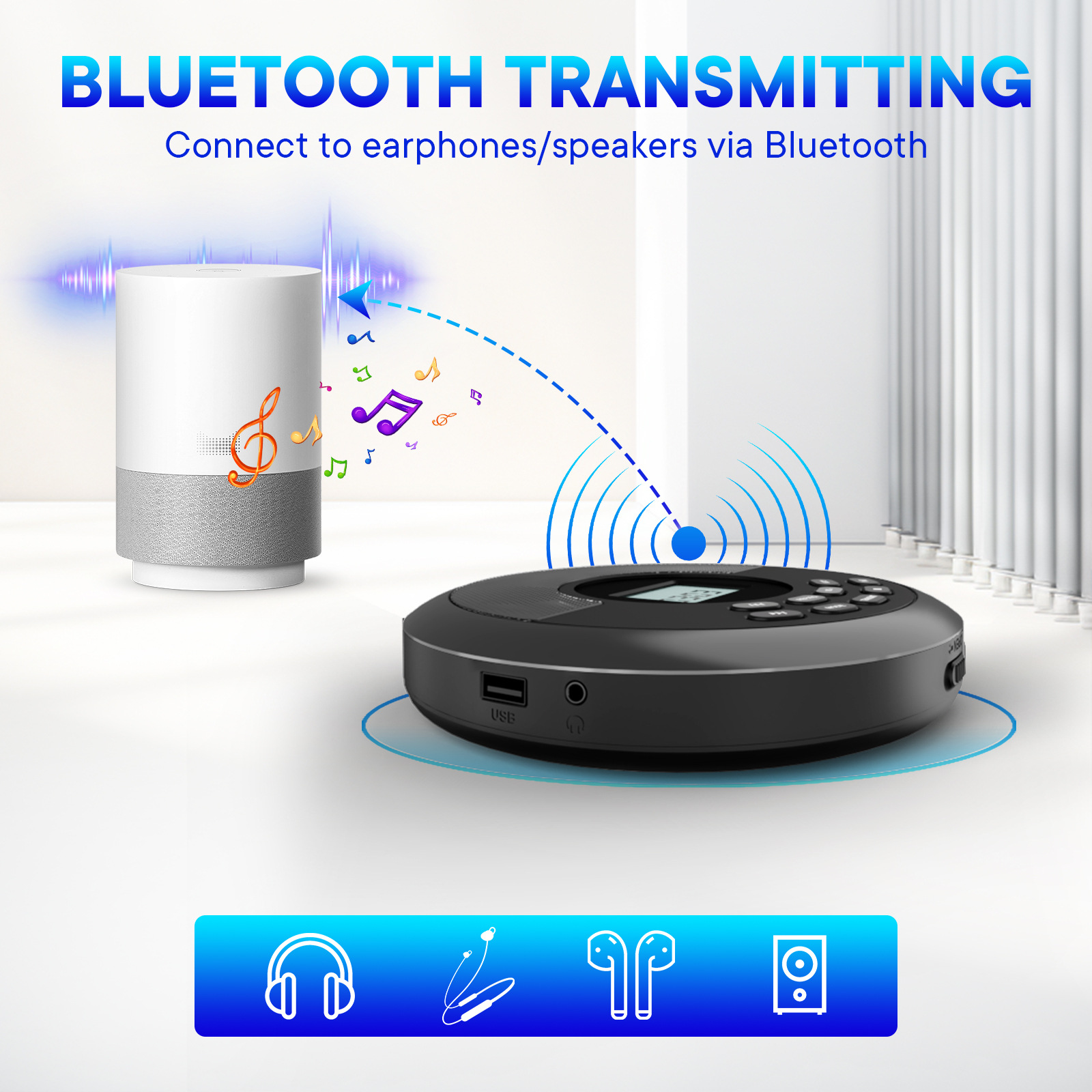 Schwarzer Disc-Player, verbunden mit Bluetooth-Lautsprechern und einem Telefon. Zeigt Bluetooth-Signal.