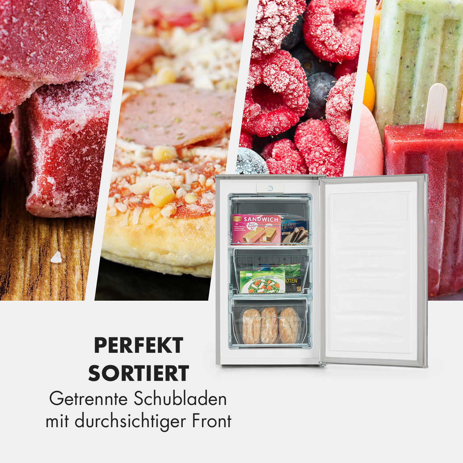 Ein Gefrierschrank mit offener Tür, der gefrorene Lebensmittel zeigt. Pizza, Beeren, Eis am Stiel und andere Artikel.