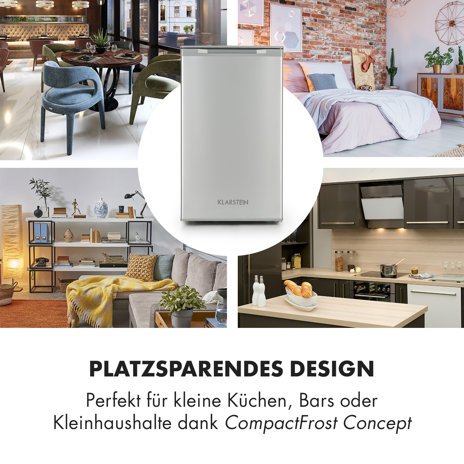 Collage von Heimszenen. Ein Mini-Kühlschrank steht im Mittelpunkt, umgeben von Küche, Schlafzimmer und Wohnbereich.