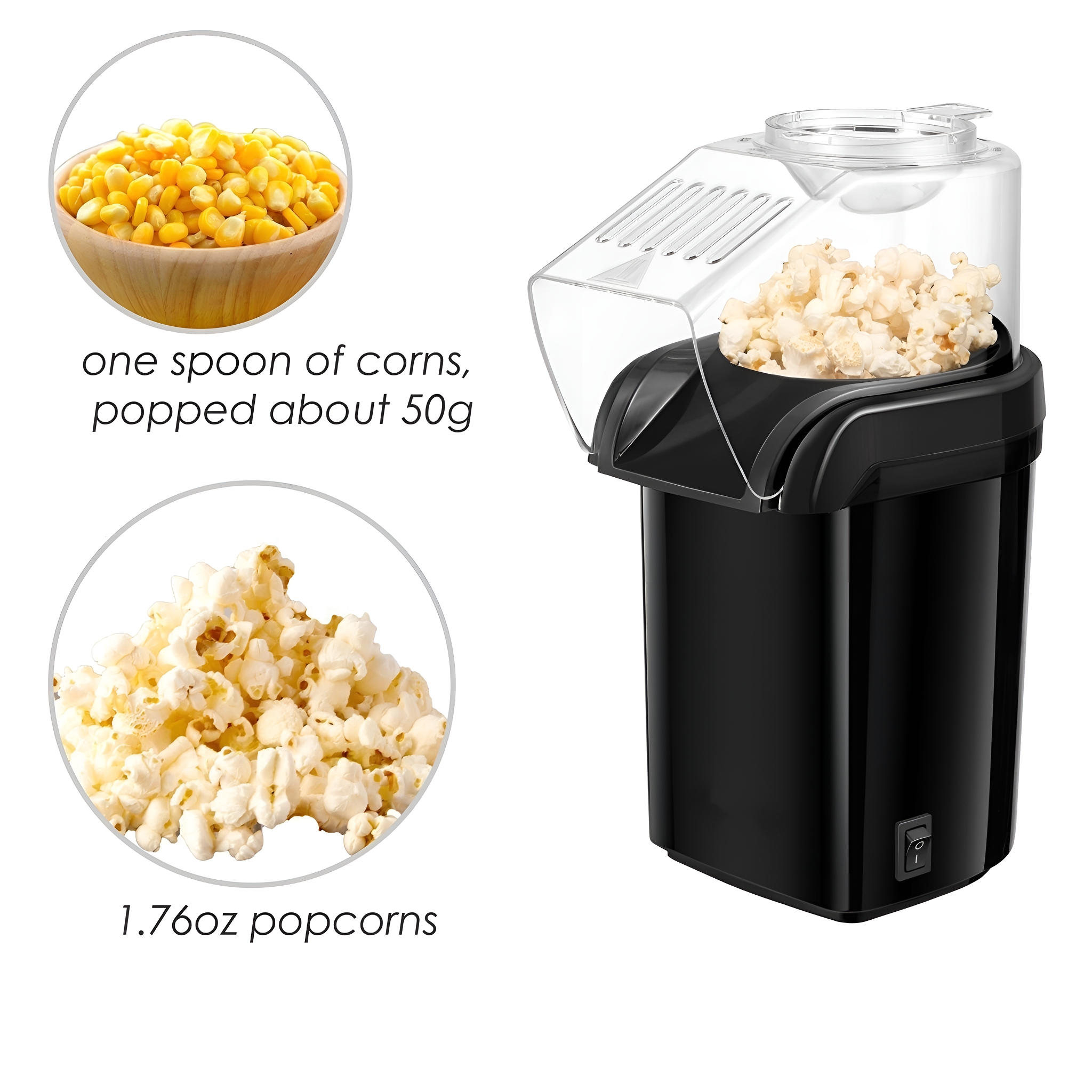 Schwarze Popcornmaschine mit Popcorn und eine Schüssel mit Maiskörnern daneben.