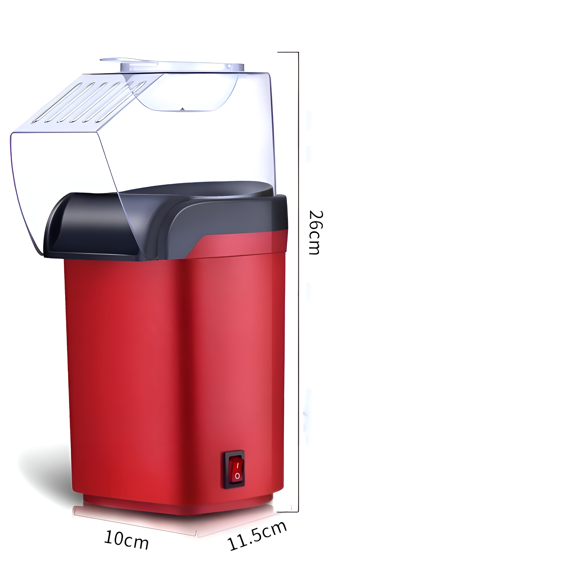Ein roter Popcorn-Maker mit durchsichtigem Deckel. Abmessungen: 10cm x 11,5cm x 26cm.