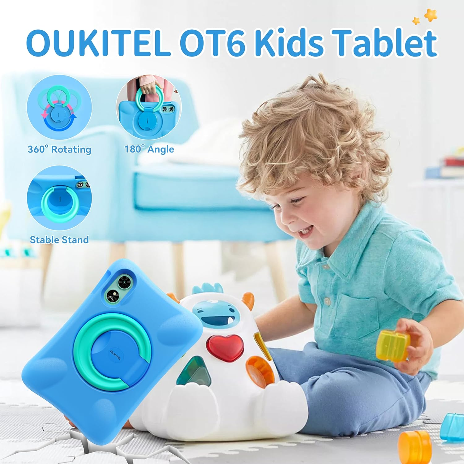 Ein Kind benutzt ein blaues Tablet mit einer blauen Hülle. Ein Spielzeug ist rechts.