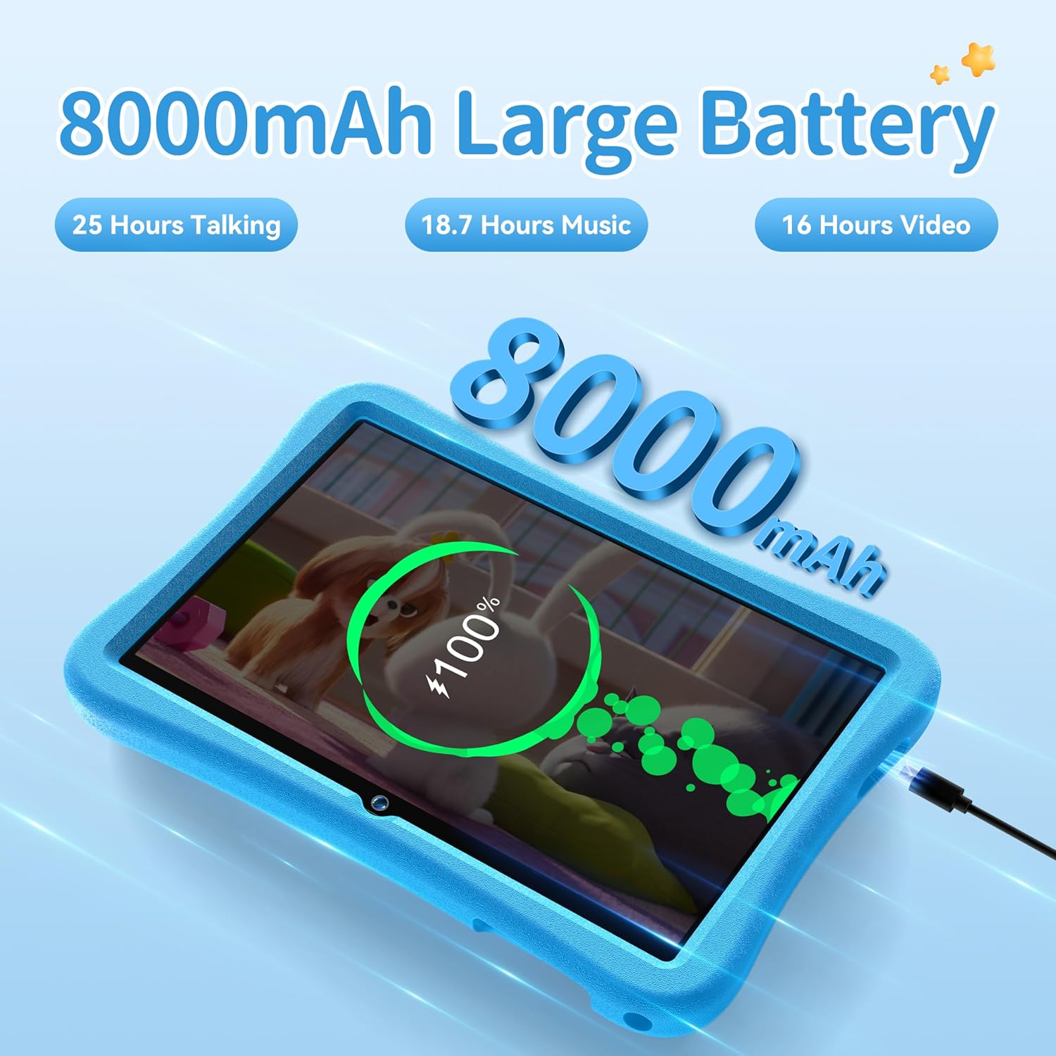 Blaues Tablet mit grünem Bildschirm, der ein Ladesymbol zeigt. Text: 8000mAh Großer Akku.