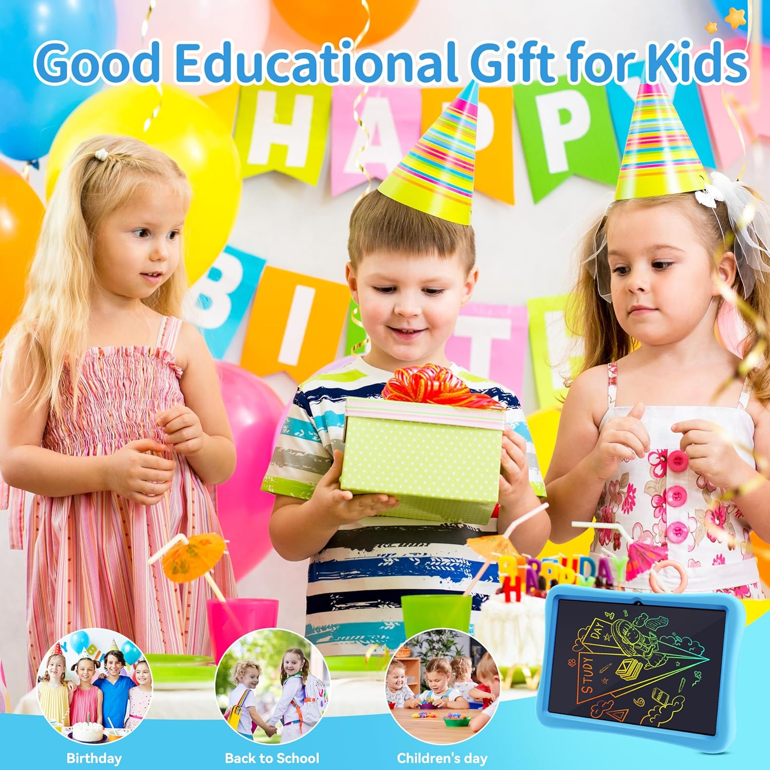 Kinder feiern Geburtstag mit Geschenk und Zeichnungs-Tablett in der Hand.