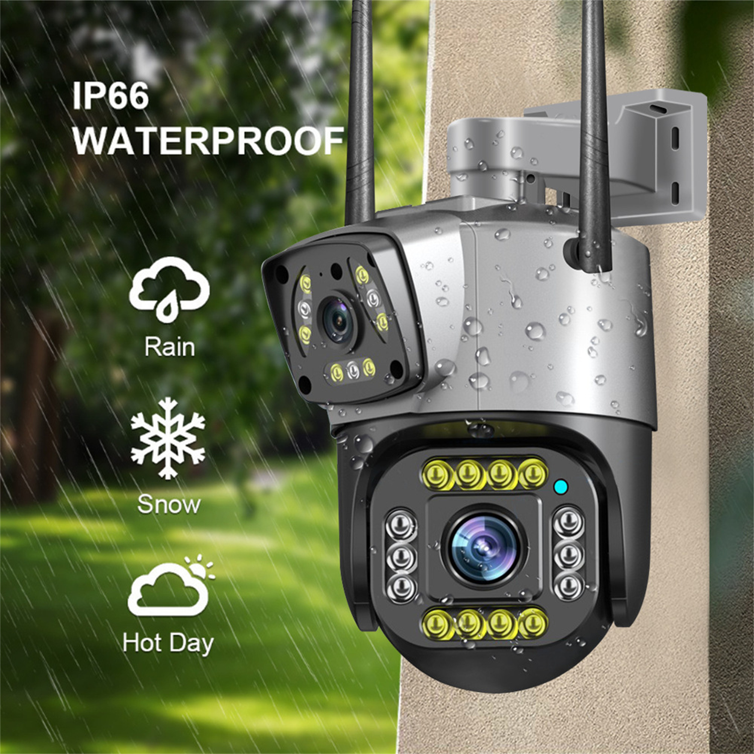 Eine schwarze und graue Überwachungskamera mit zwei Antennen, IP66 wasserdicht und Wettersymbolen.
