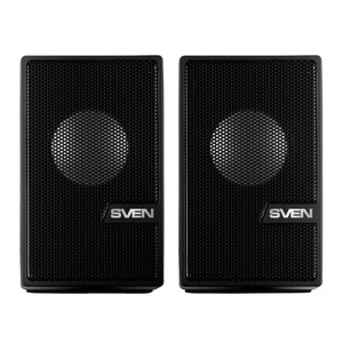 Due altoparlanti SVEN neri con una parte anteriore a rete, progettati per la riproduzione audio.