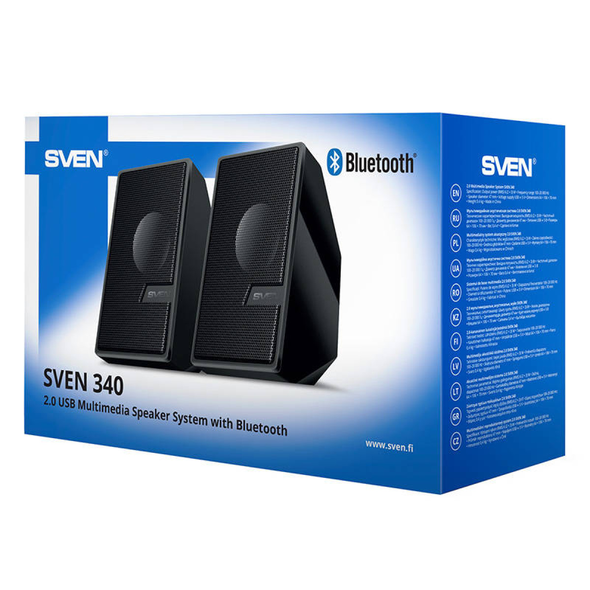 Altoparlanti neri in una scatola, con testo "SVEN 340" e "Bluetooth".