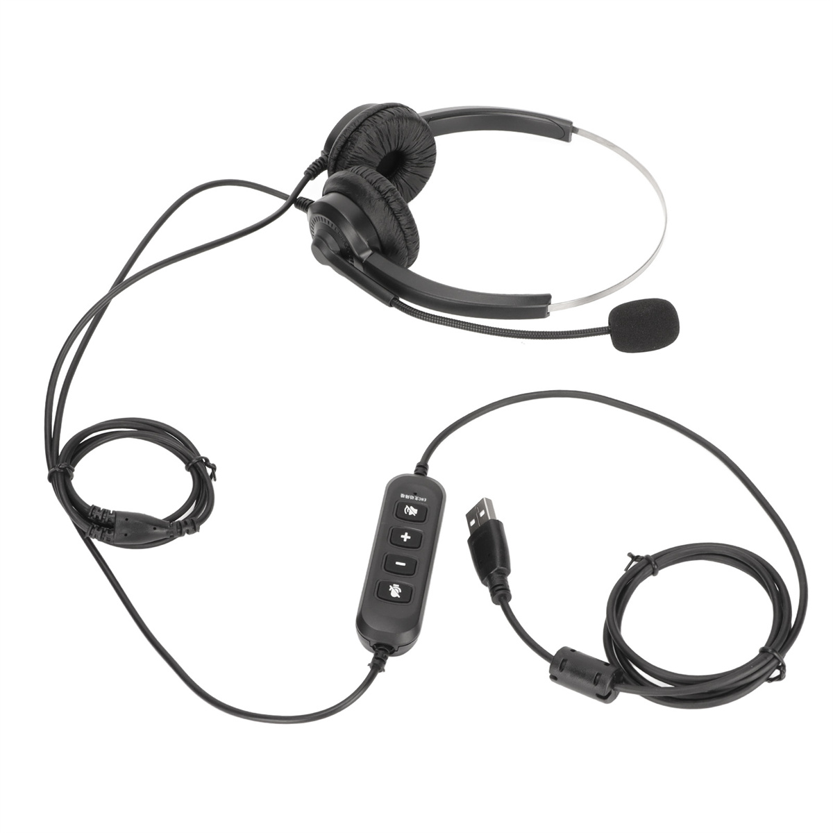 Ein schwarzes Headset mit Mikrofon und Bedienfeld. Kabel und ein USB-Anschluss sind sichtbar.