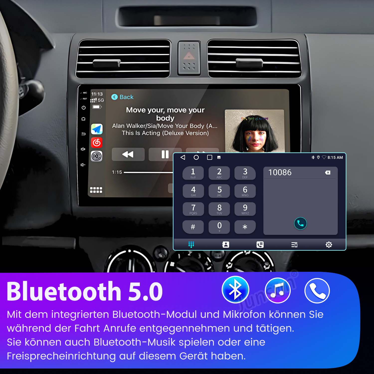 Ekran radia samochodowego z interfejsem telefonu i tekstem Bluetooth 5.0.