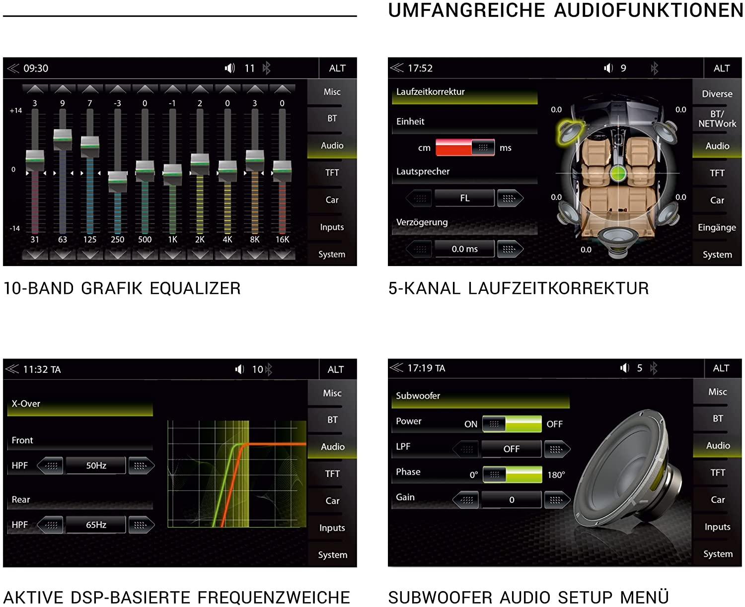 Screenshots der Einstellungen eines Auto-Audiosystems: Equalizer, Zeitkorrektur und Subwoofer-Setup.