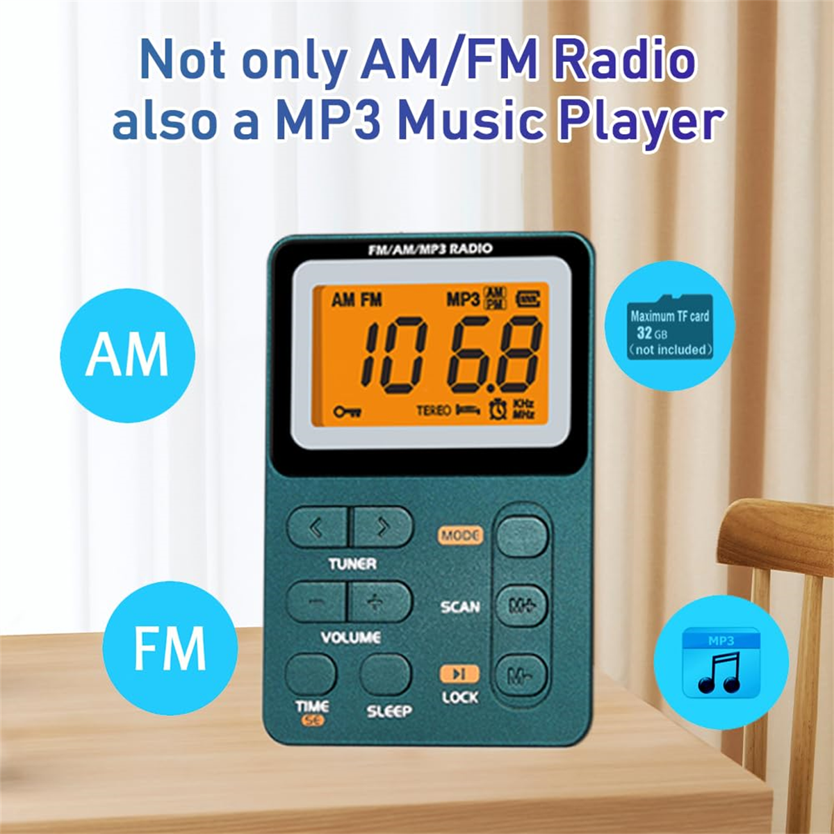 Grünes Radio mit Bildschirm, Knöpfen und Text. Es ist als MP3-Player und AM/FM-Radio gekennzeichnet.