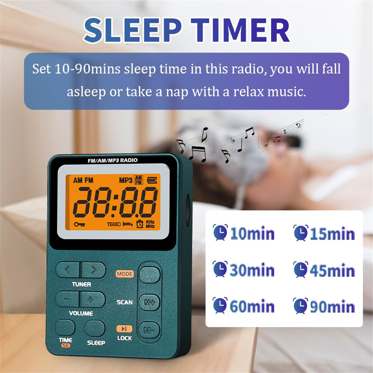 Grünes Sleep-Timer-Radio. Merkmale sind LED-Anzeige, Knöpfe und Optionen für die Schlafzeit.
