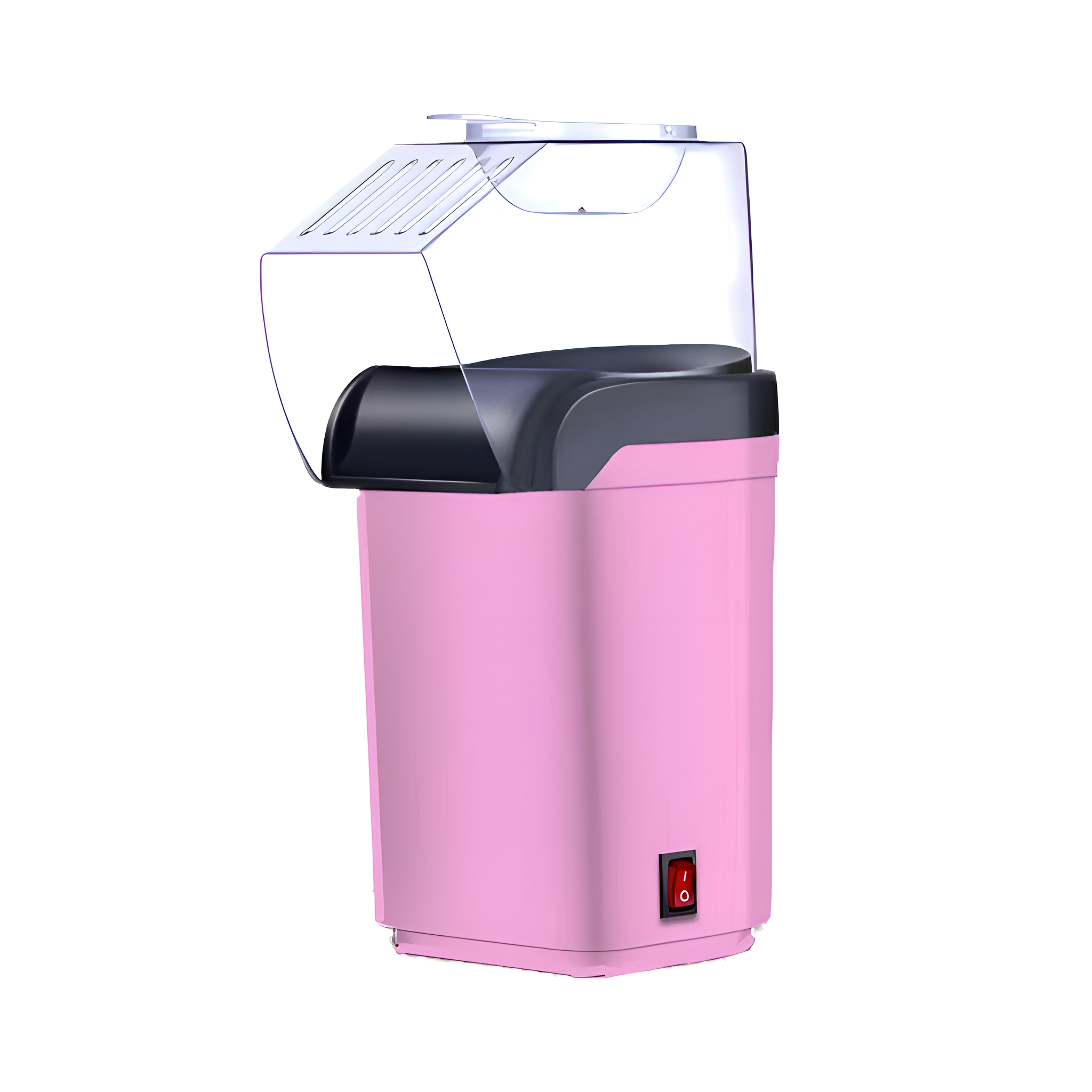 Rosa Popcornmaschine mit durchsichtigem Deckel und rotem Schalter, vor weißem Hintergrund isoliert.