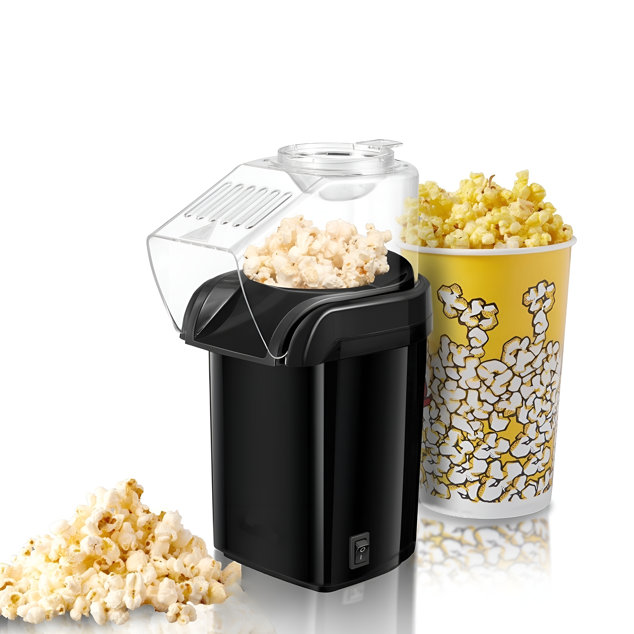 Schwarzer Popcorn-Maker mit Popcorn und einer Popcorn-Tasse rechts.