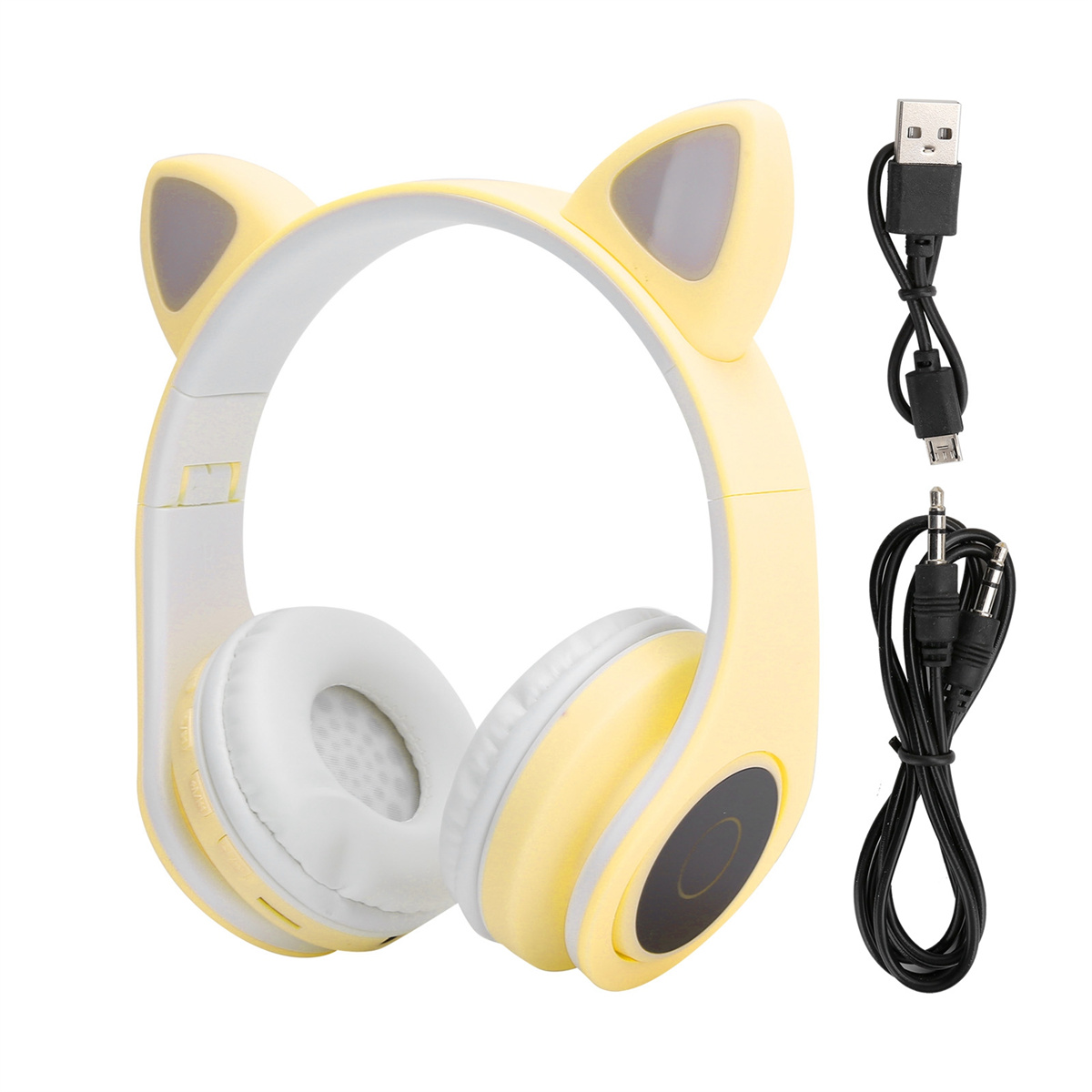Gelbe Katzenohr-Kopfhörer mit Ladekabel und Audiokabel.