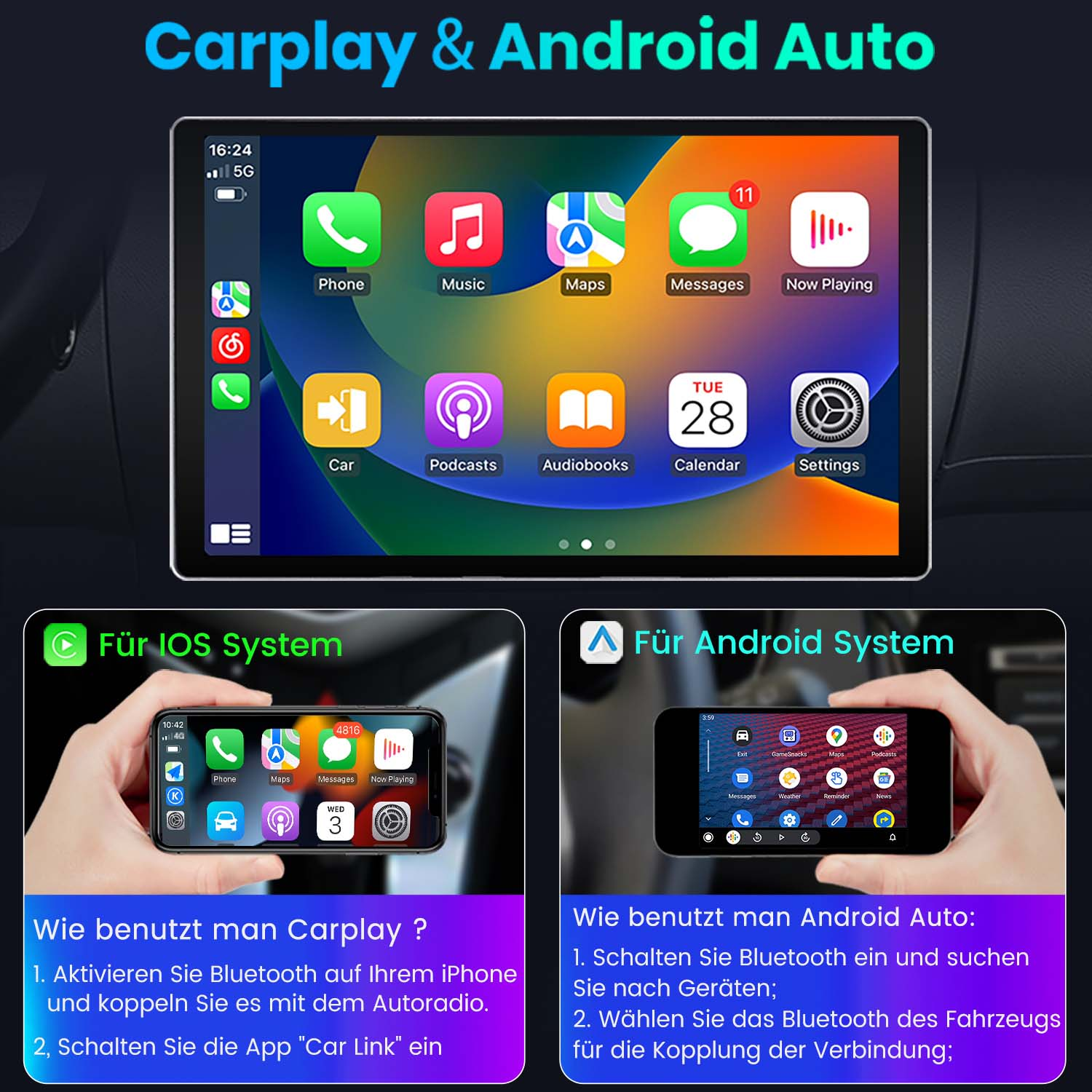 Ekran dotykowy Carplay i Android Auto. Pokazuje przykłady telefonów i aplikacji.