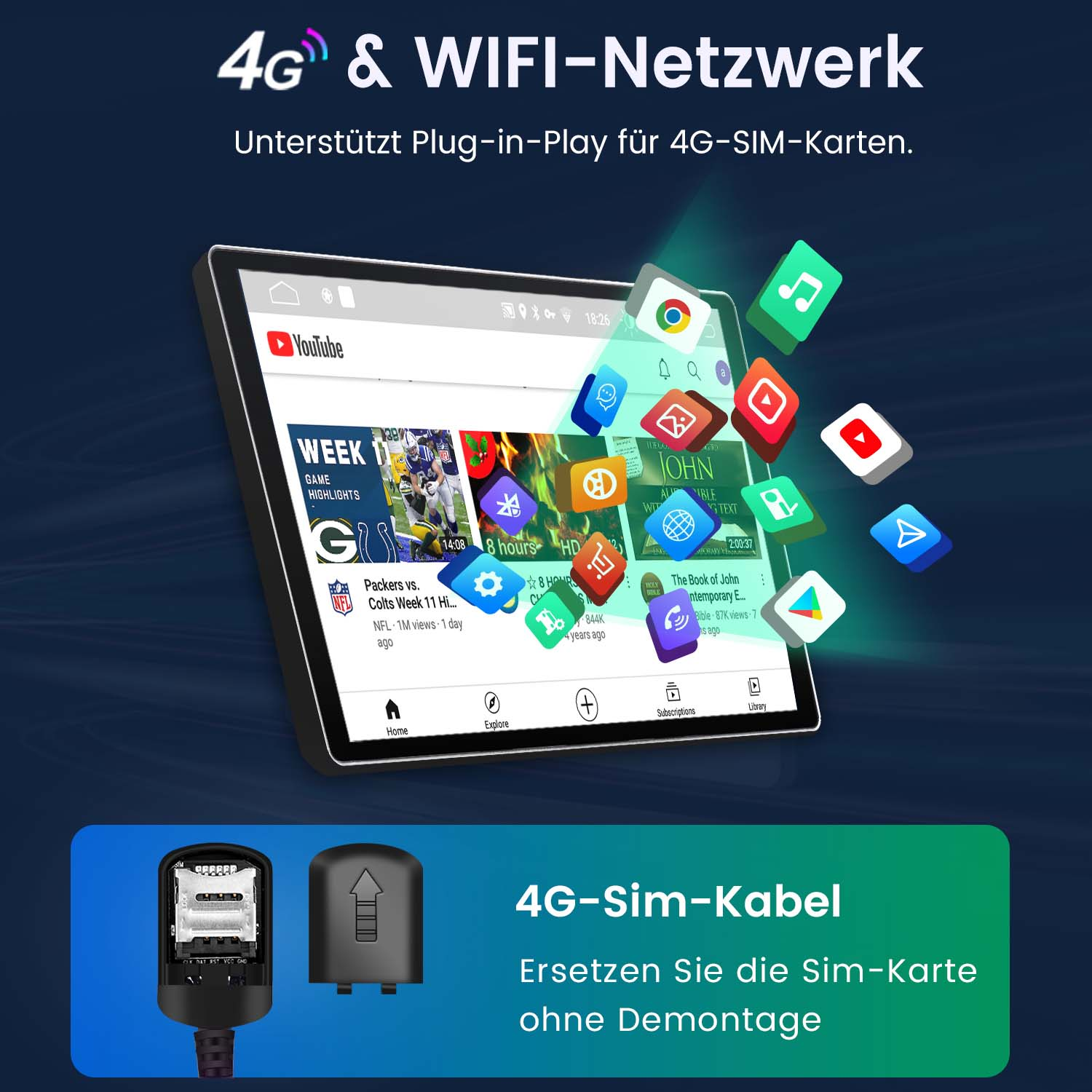 Tablet wyświetlający filmy z YouTube i inne aplikacje. Tło jest niebieskie, z ikonami i nakładką tekstową.