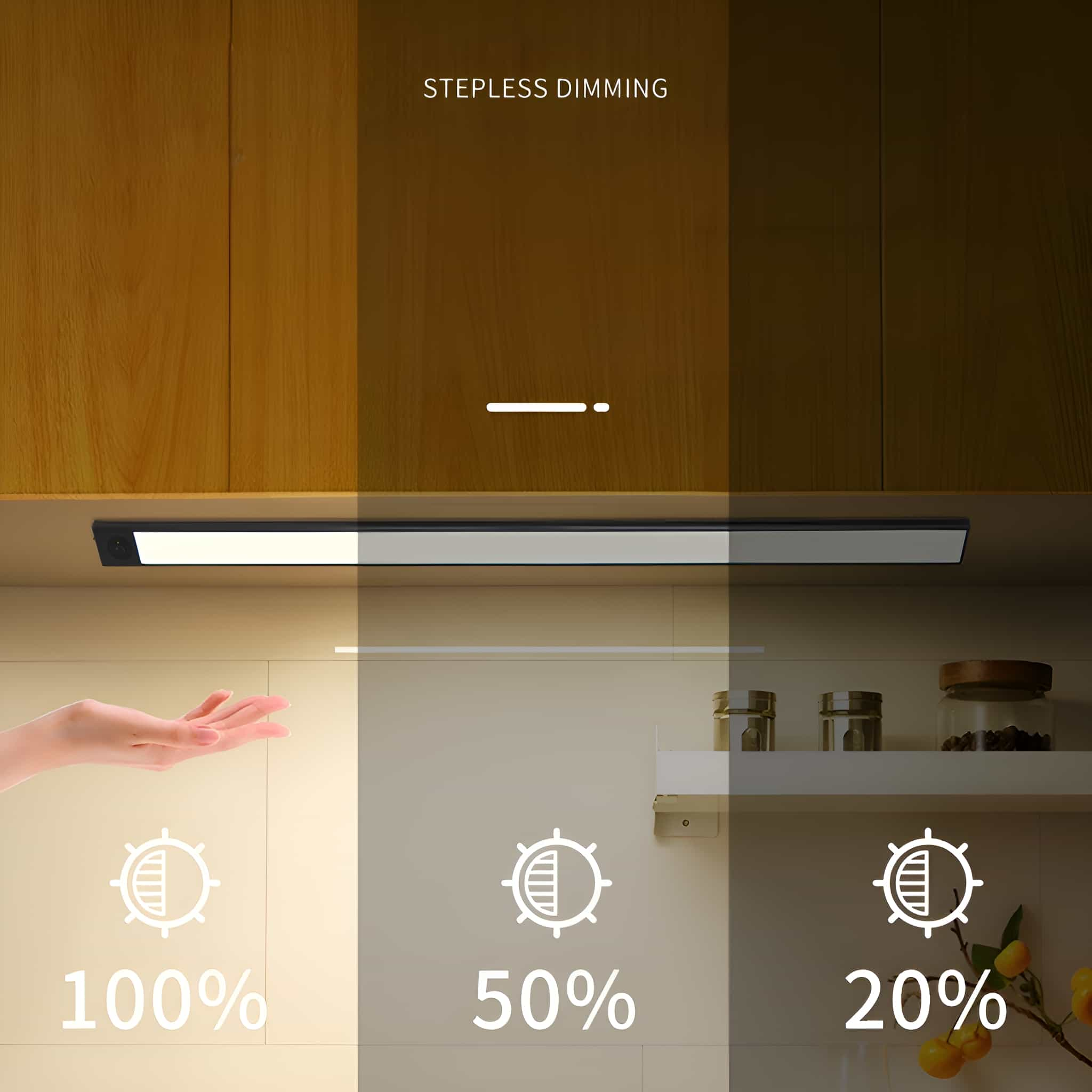 Ein Lichtband über Schränken, mit Handgesten und unterschiedlichen Lichtstärken. Text: 100 %, 50 %, 20 %.