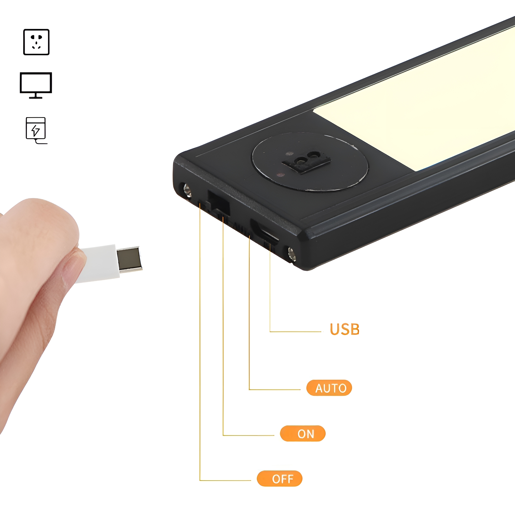 Schwarzes Licht mit USB-Anschluss, Hand, die ein Kabel hält. Beschriftungen: USB, EIN, AUS, AUTO. Stromsymbole sichtbar.