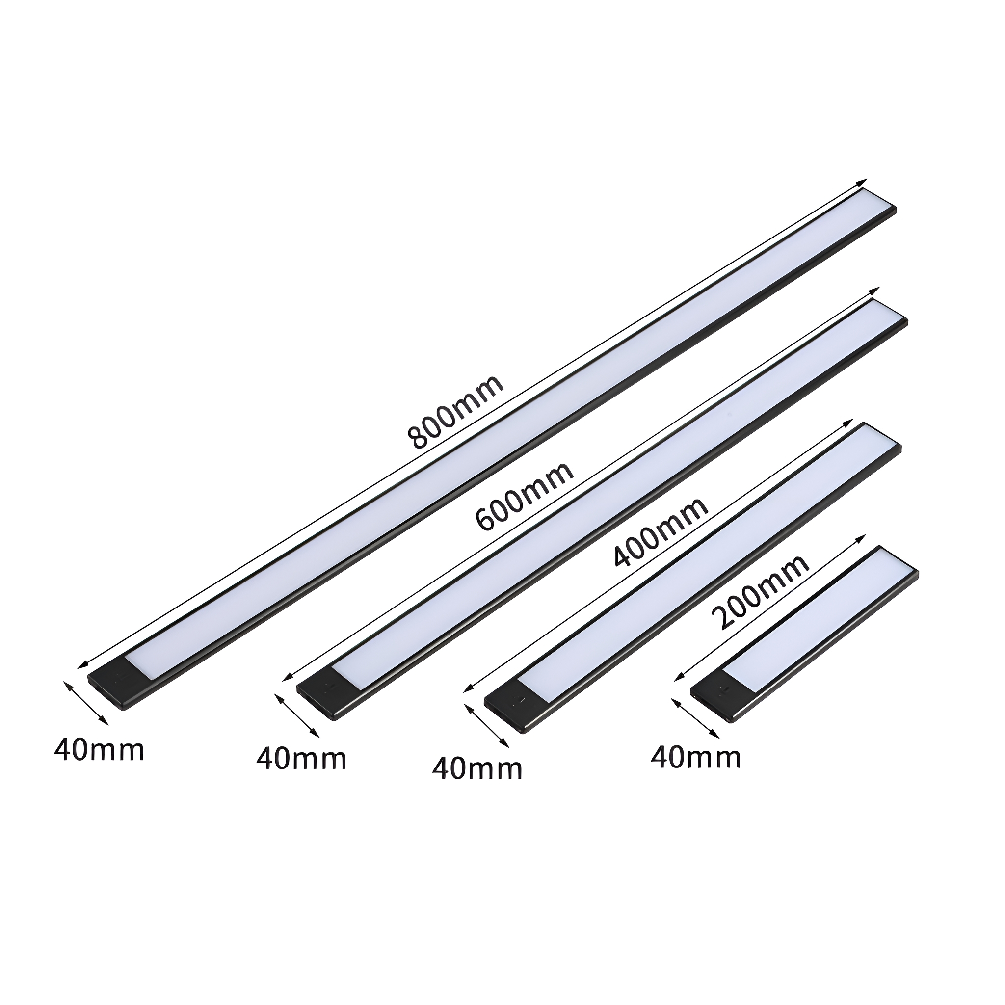 Mehrere LED-Lichtleisten in verschiedenen Längen, von 200 mm bis 800 mm, zur Darstellung der Abmessungen.