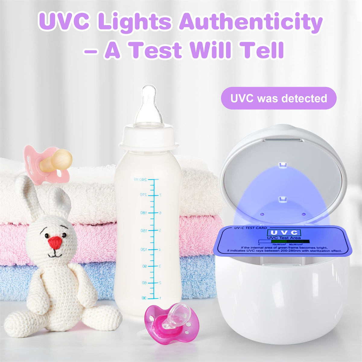 Babyflasche und Schnuller mit UVC-Licht-Test. Eine Testkarte zeigt UVC-Erkennung.