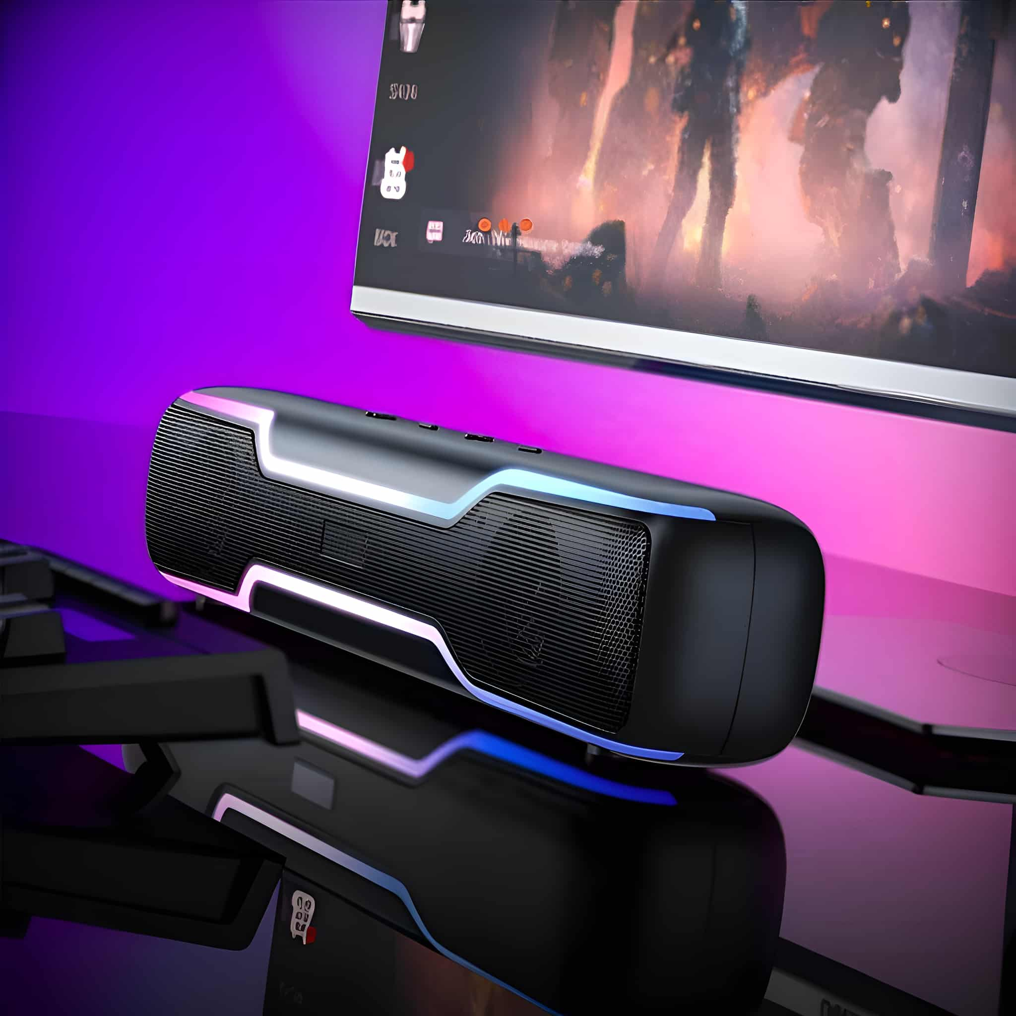 Schwarzer Lautsprecher mit blauen und pinkfarbenen Lichtern auf reflektierender Oberfläche, neben einem Monitor.