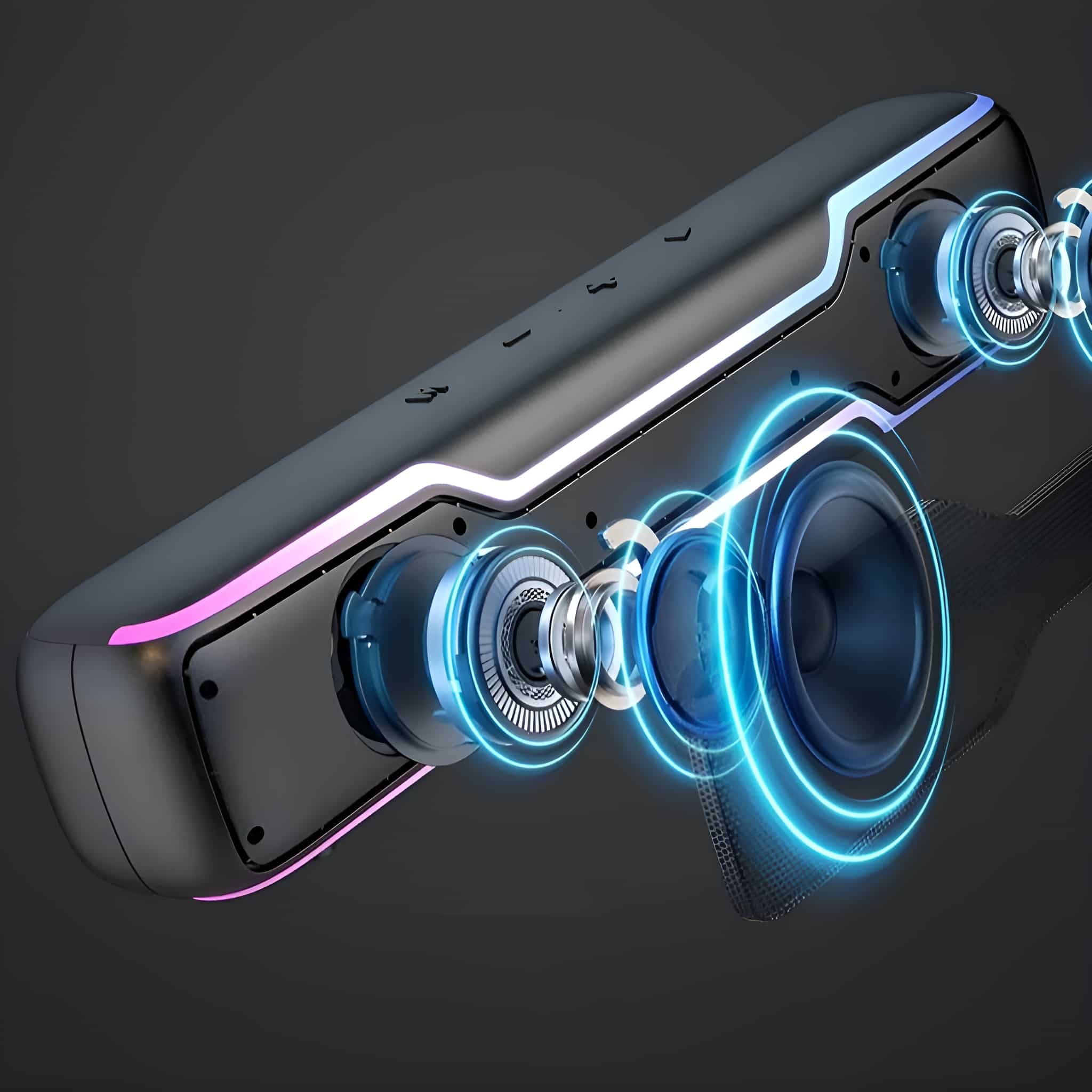 Schwarze Soundbar mit blauem und lila Licht, mit Lautsprecherdetails.