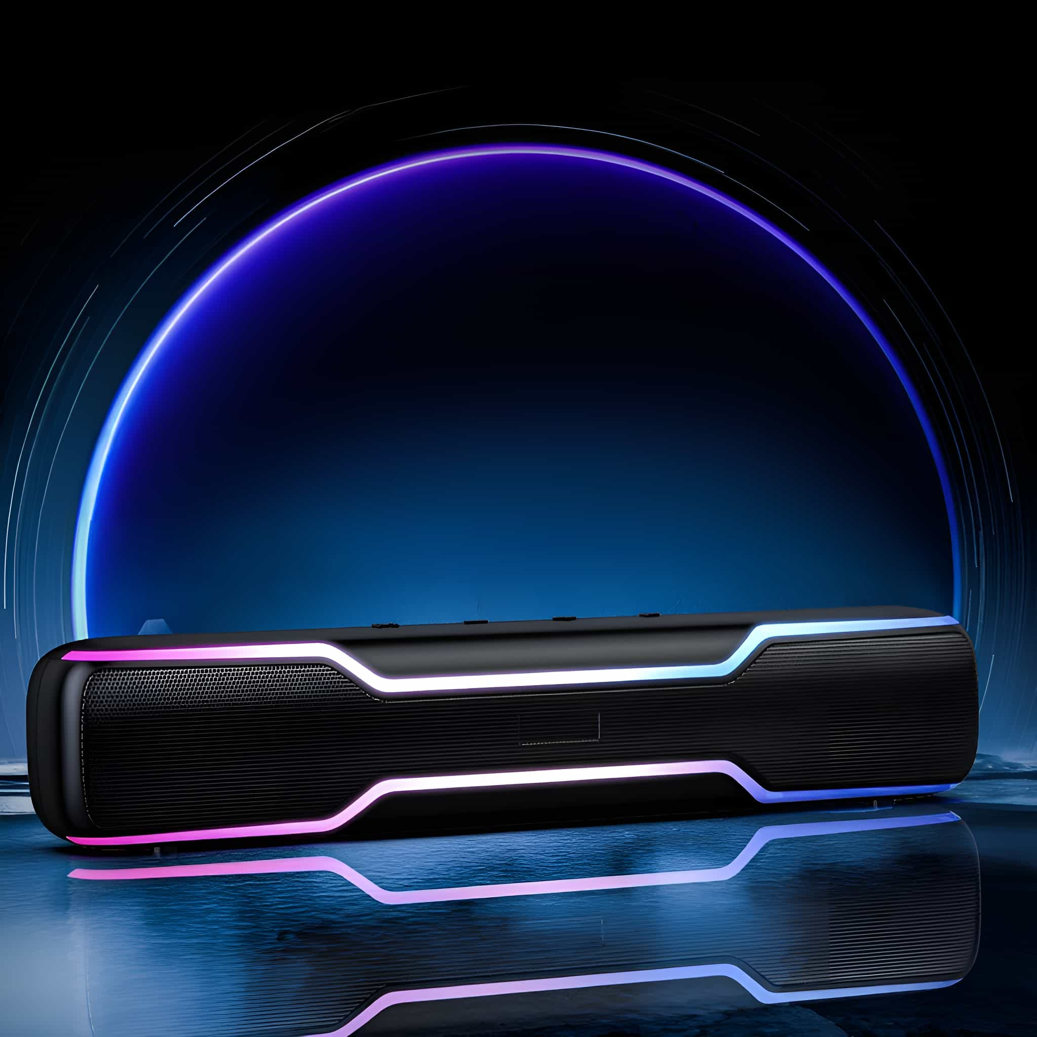 Eine schwarze Soundbar mit Neonlichtern, die sich auf einer Oberfläche spiegeln.