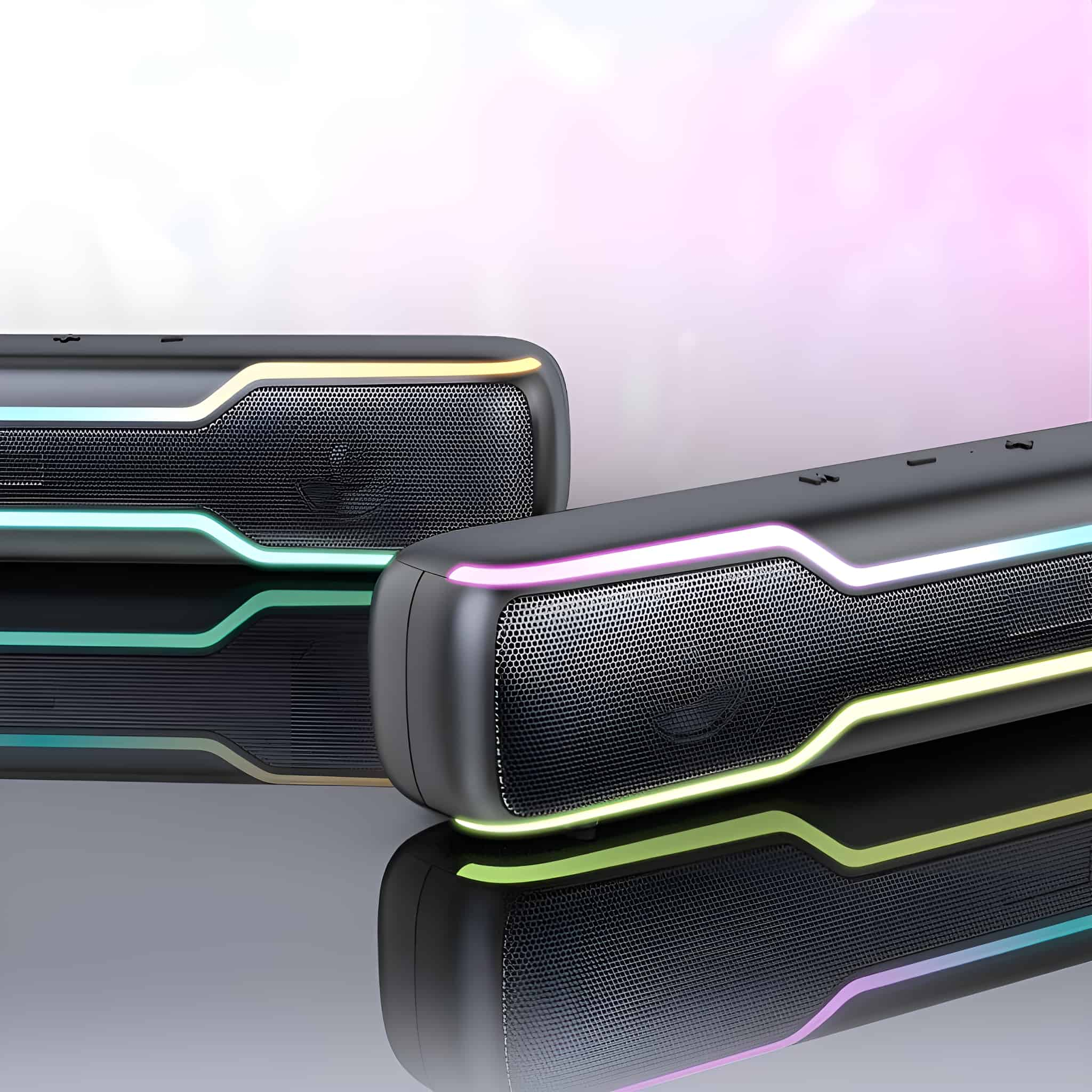 Zwei schwarze Soundbars mit bunten LED-Lichtern und Reflexionen.