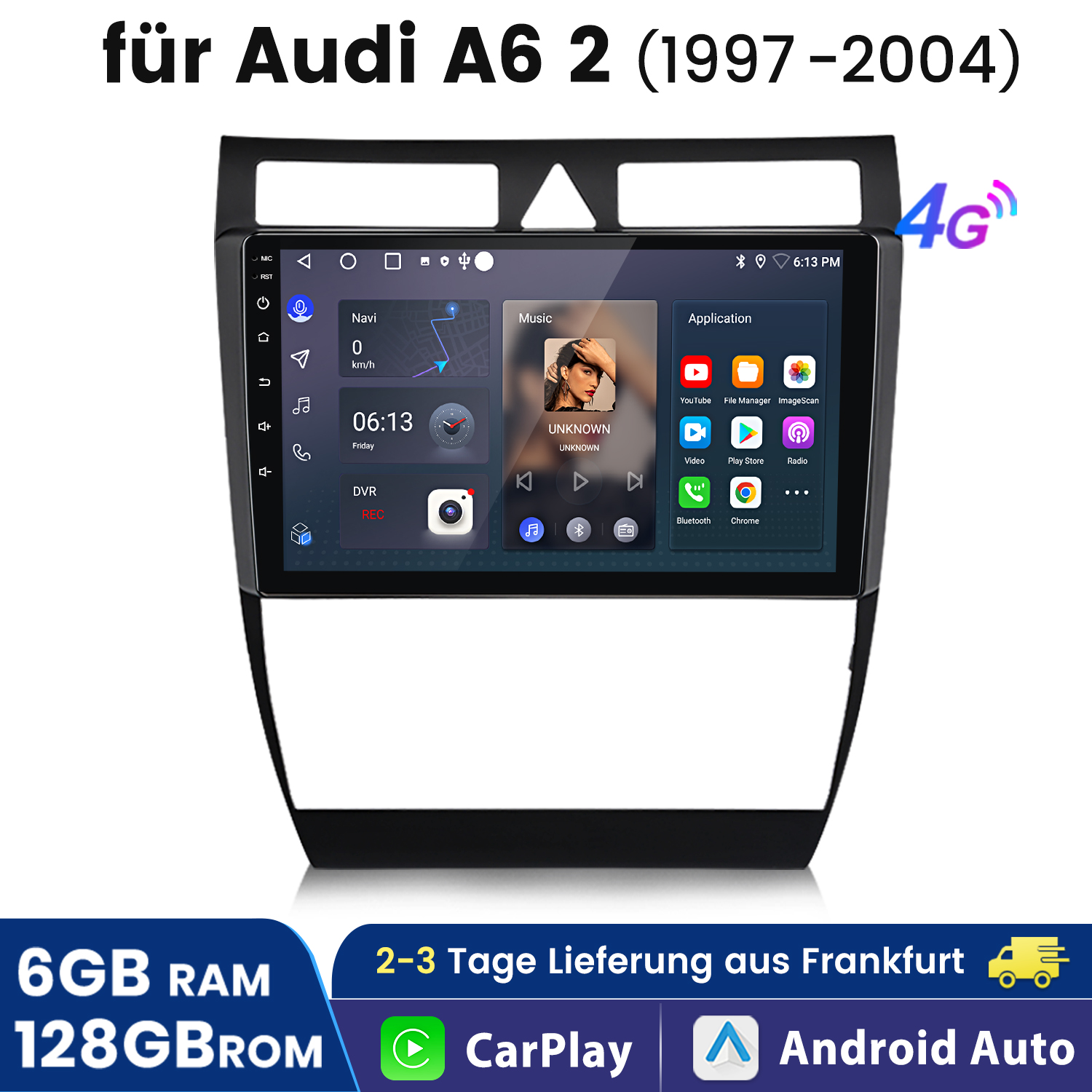 Autoradio-Bildschirm mit Navigation und Musik, mit Knöpfen darunter. 4G-Logo sichtbar.