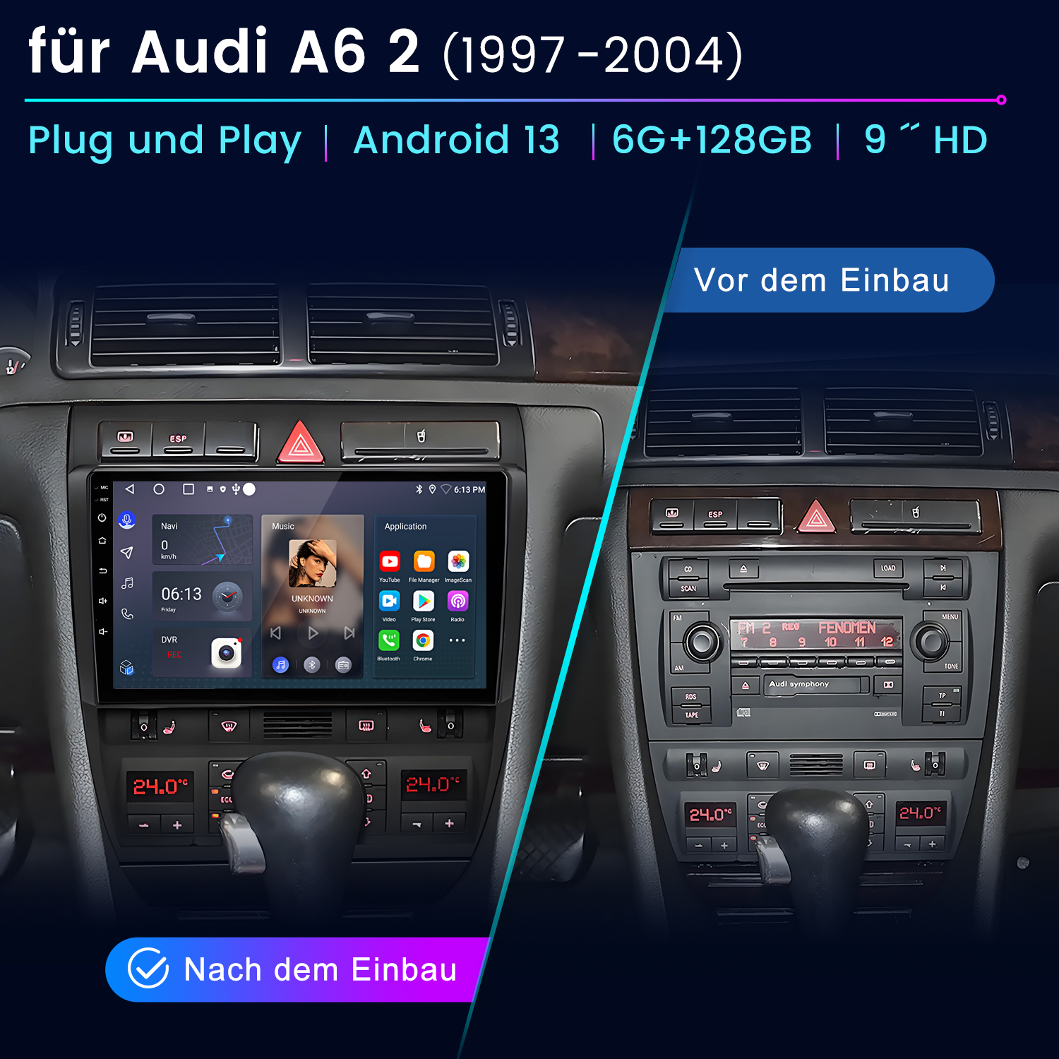 Ein Autoarmaturenbrett. Zwei Bilder zeigen vor und nach dem Einbau eines Autoradiosystems.
