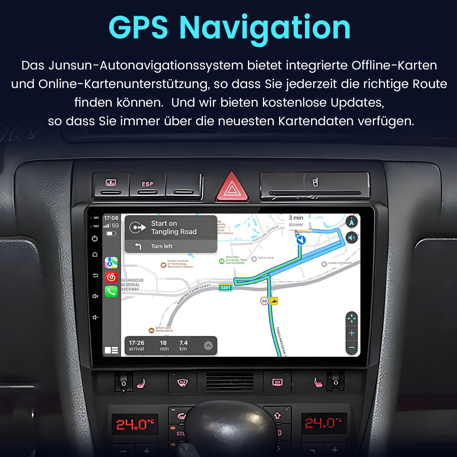 Armaturenbrett eines Autos mit Navigationsbildschirm, der eine Karte und Routenführung anzeigt.