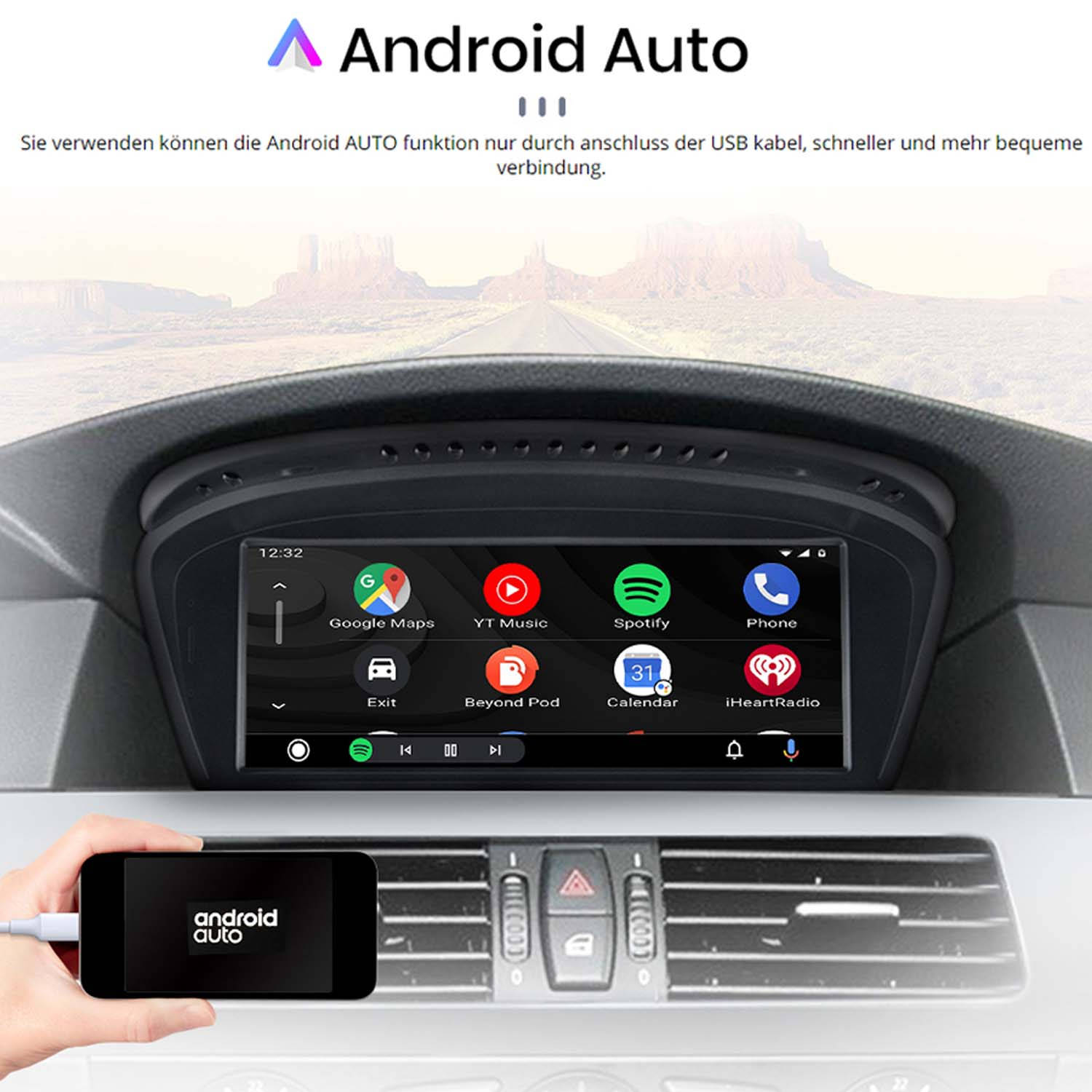 Deska rozdzielcza samochodu z interfejsem Android Auto. Smartfon podłączony przez USB.