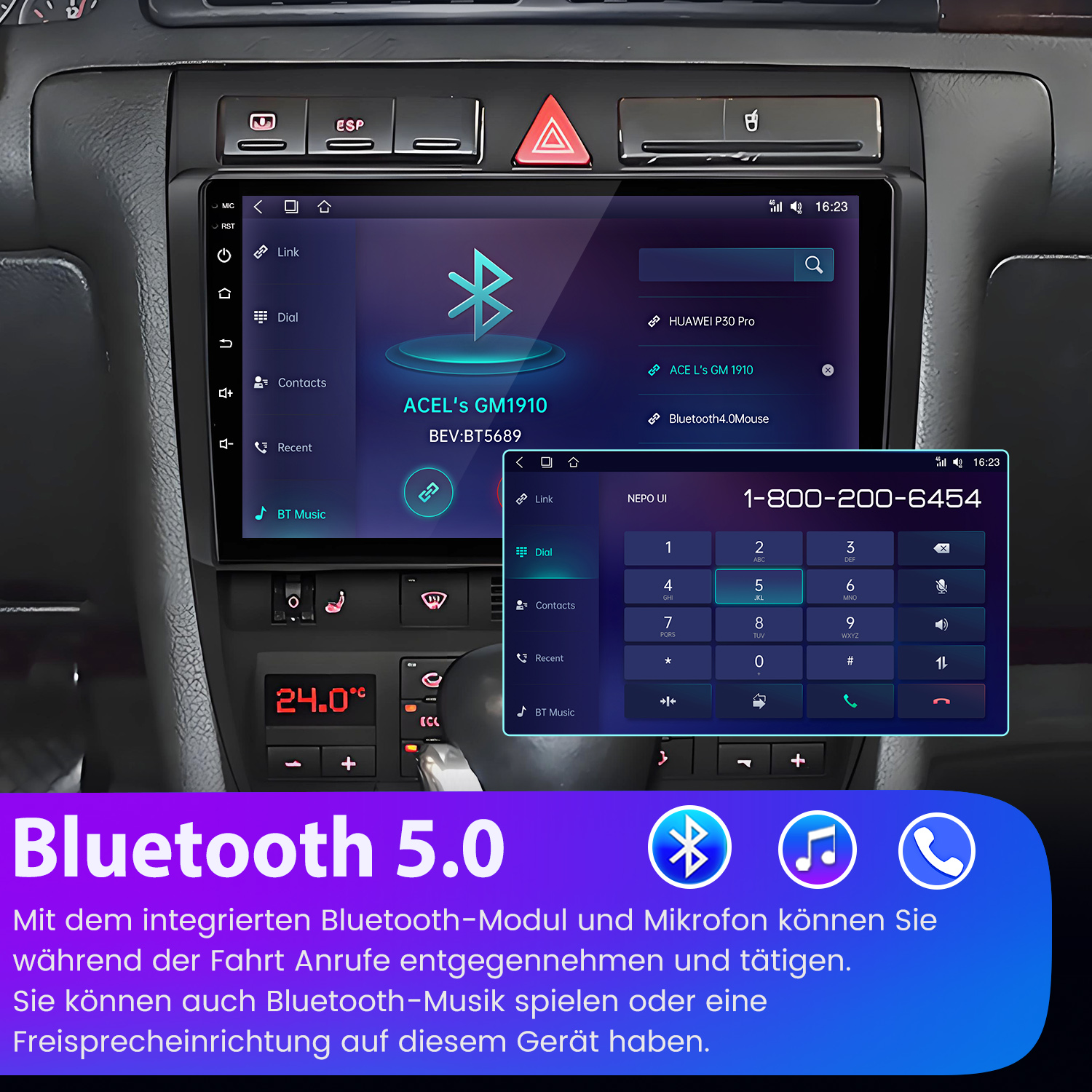 Auto-Armaturenbrett-Bildschirm mit Bluetooth 5.0-Einstellungen und Wähltastatur, mit Telefon- und Musiksymbolen.