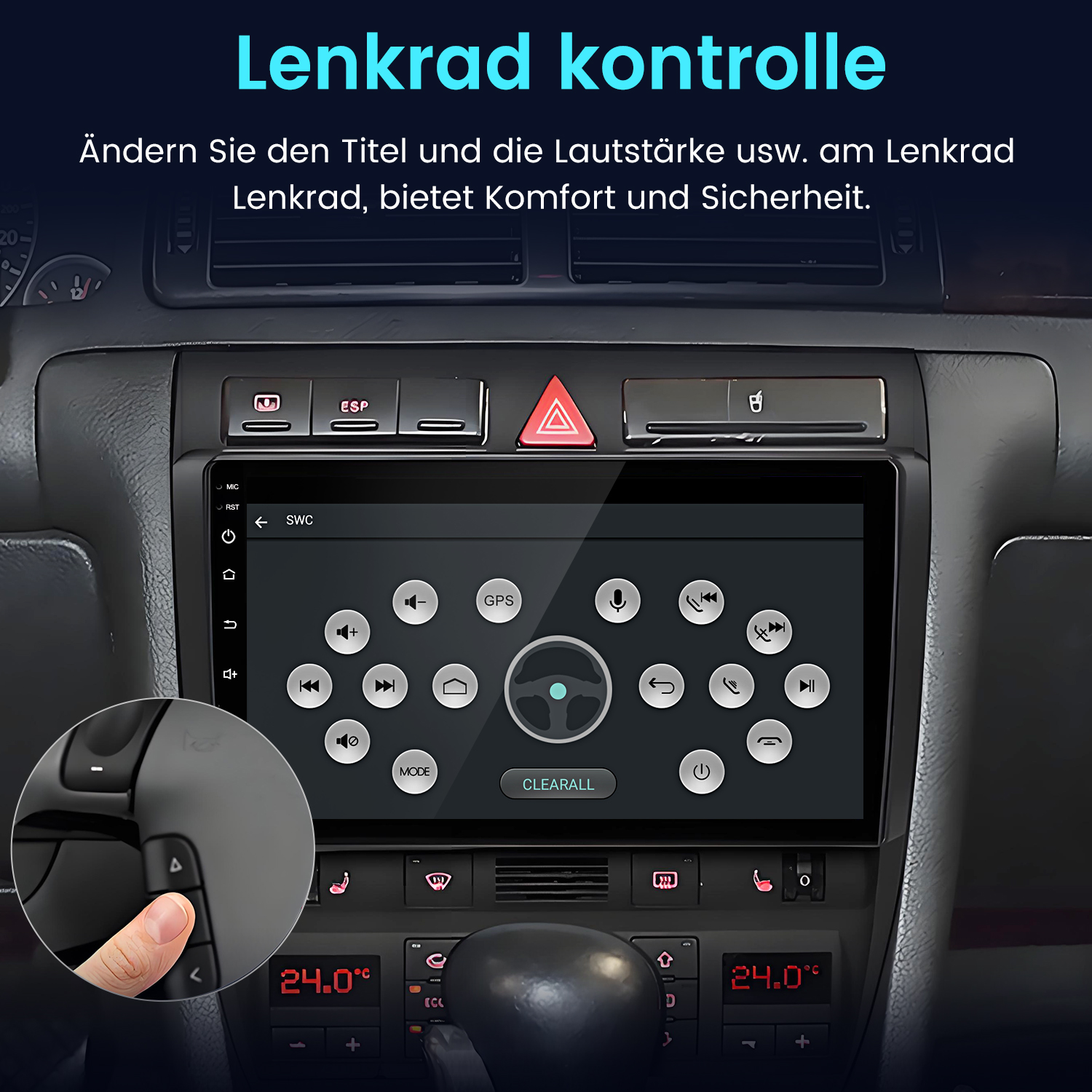 Armaturenbrett mit Touchscreen-Display, das Bedienelemente anzeigt. Eine Person berührt eine Taste.