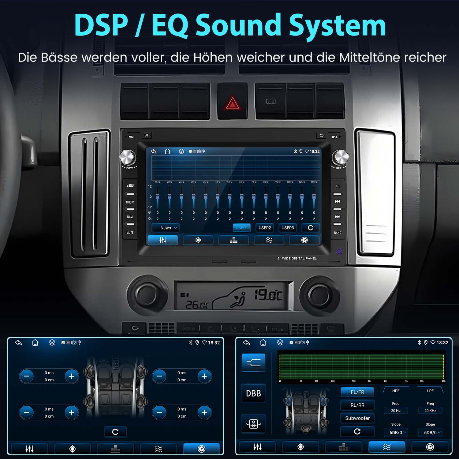 Display autoradio con impostazioni audio e regolazioni equalizzatore, che mostra un display digitale.