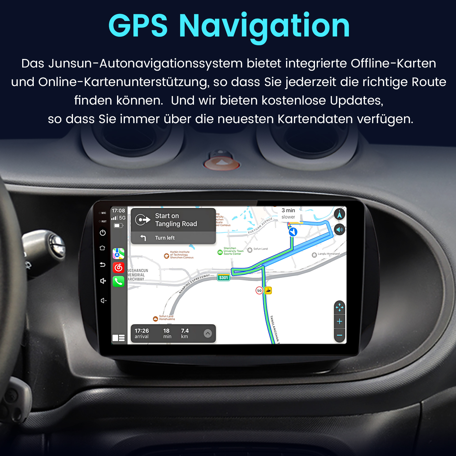 Ein Armaturenbrett zeigt einen Navigationsbildschirm mit einer Karte. Oben steht GPS Navigation.