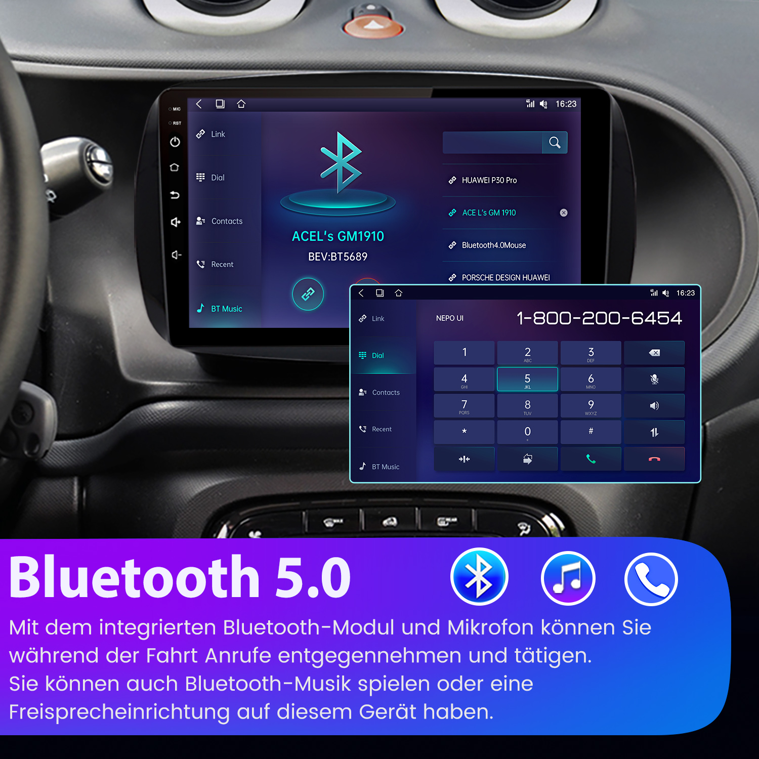 Ekran informacyjno-rozrywkowy samochodu z informacjami Bluetooth 5.0 i dialerem telefonicznym. Niebieskie tło.