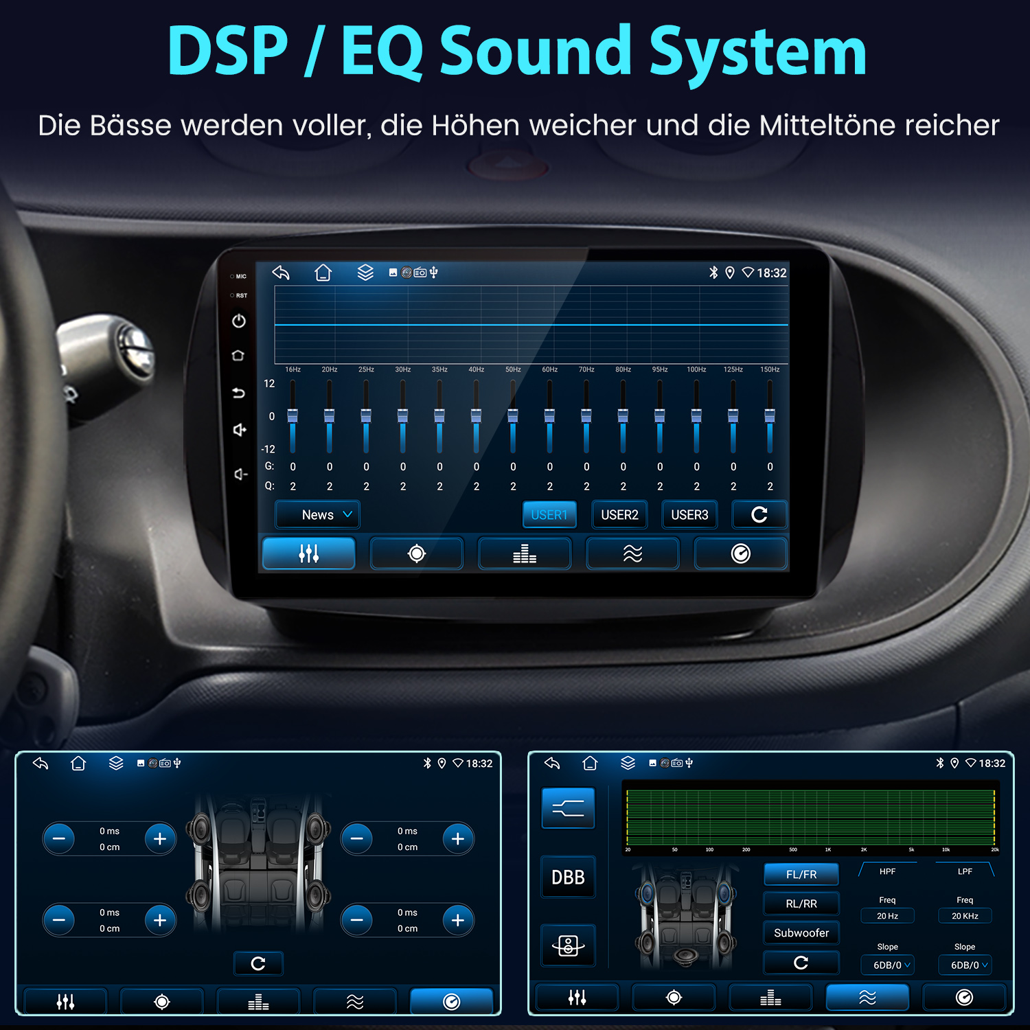 Panel samochodu z ustawieniami audio. Cyfrowy ekran pokazuje korektor i kontrolki systemu dźwiękowego.