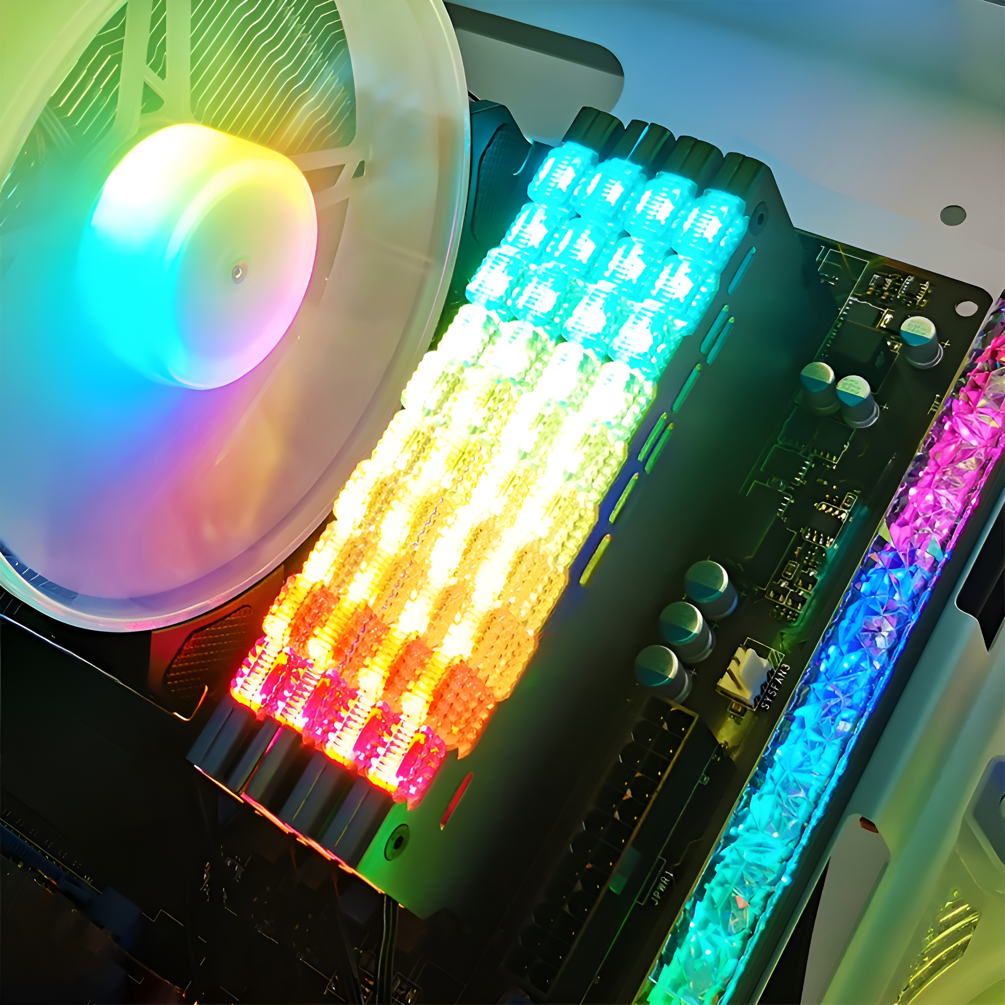 Nahaufnahme eines beleuchteten Computerlüfters und RAM mit bunten Lichtern. Der RAM ist grün, gelb und orange.
