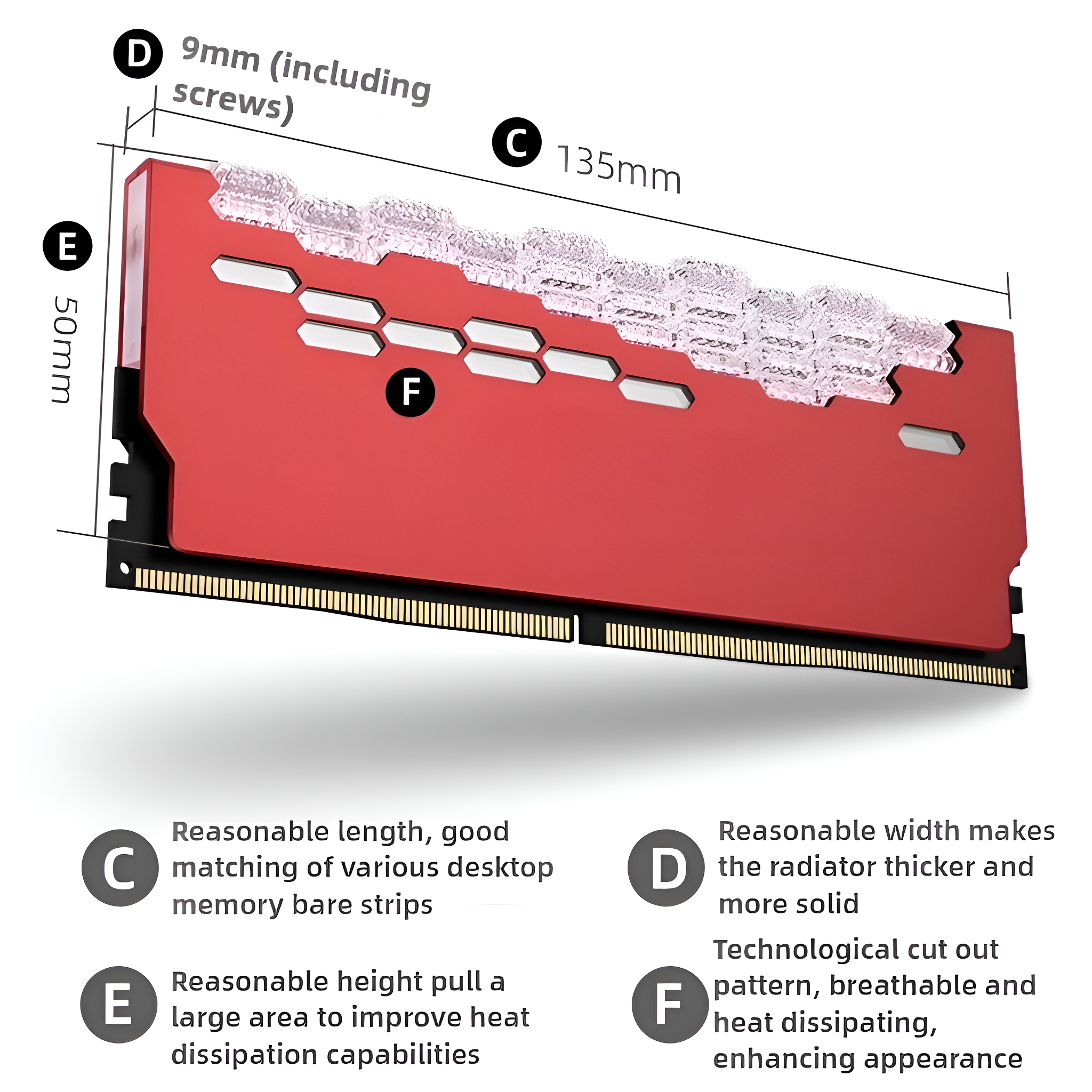 Roter RAM-Stick mit schwarzen Akzenten und weißen Kunststoffteilen. Abmessungen sind angegeben.