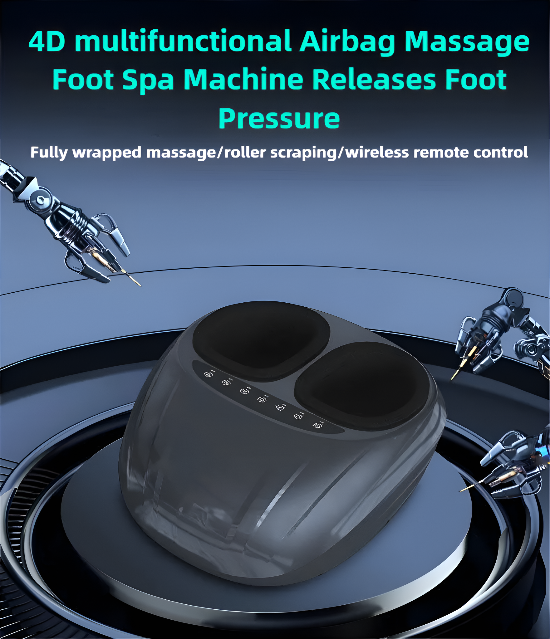Schwarze Fußbadmaschine mit Knöpfen. Roboterarme auf beiden Seiten. Text: Fußbadmaschine.