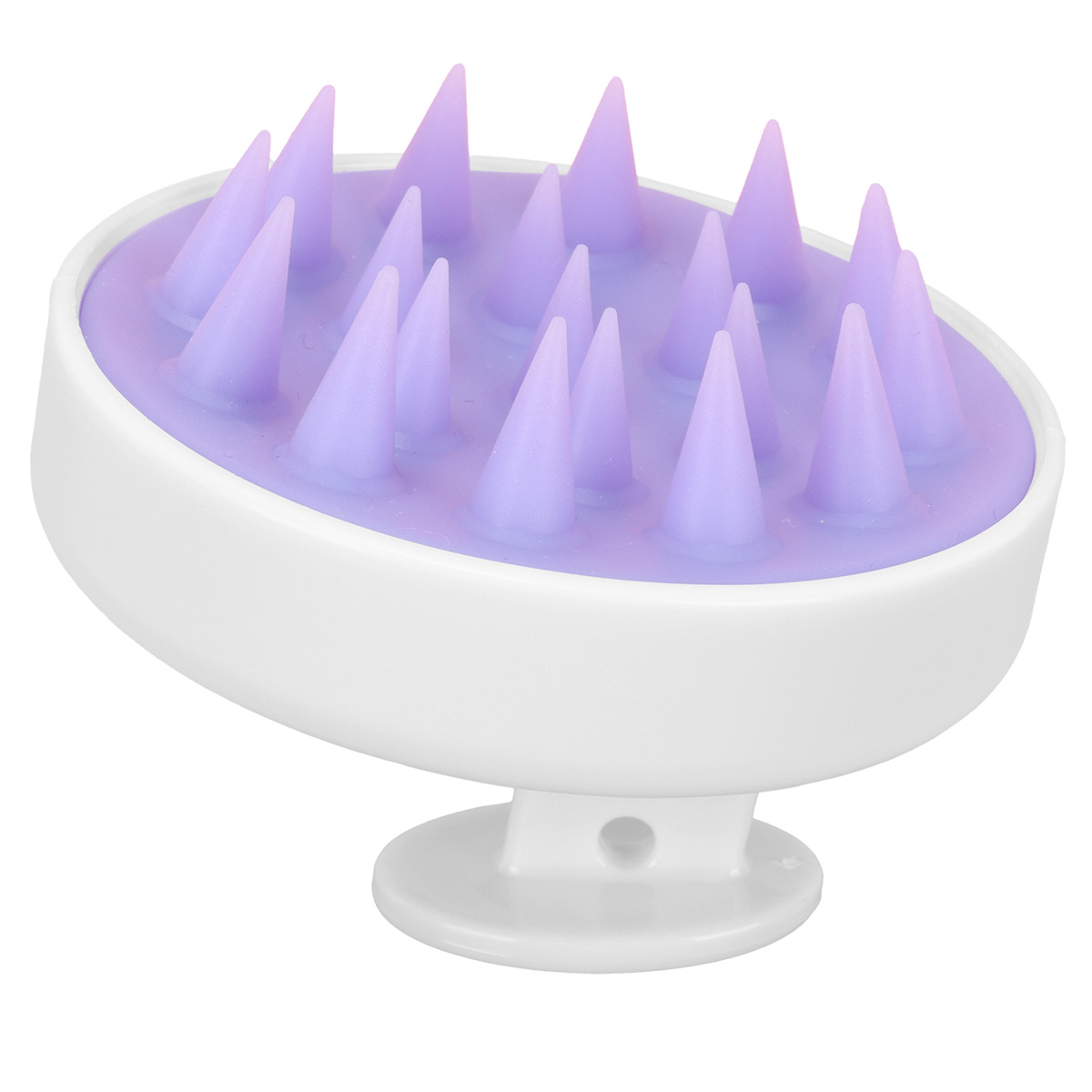 Ein weißer Kopfhautmassager mit lila Silikonspitzen. Die Spitzen sind kegelförmig und auf einer weißen Basis angeordnet.