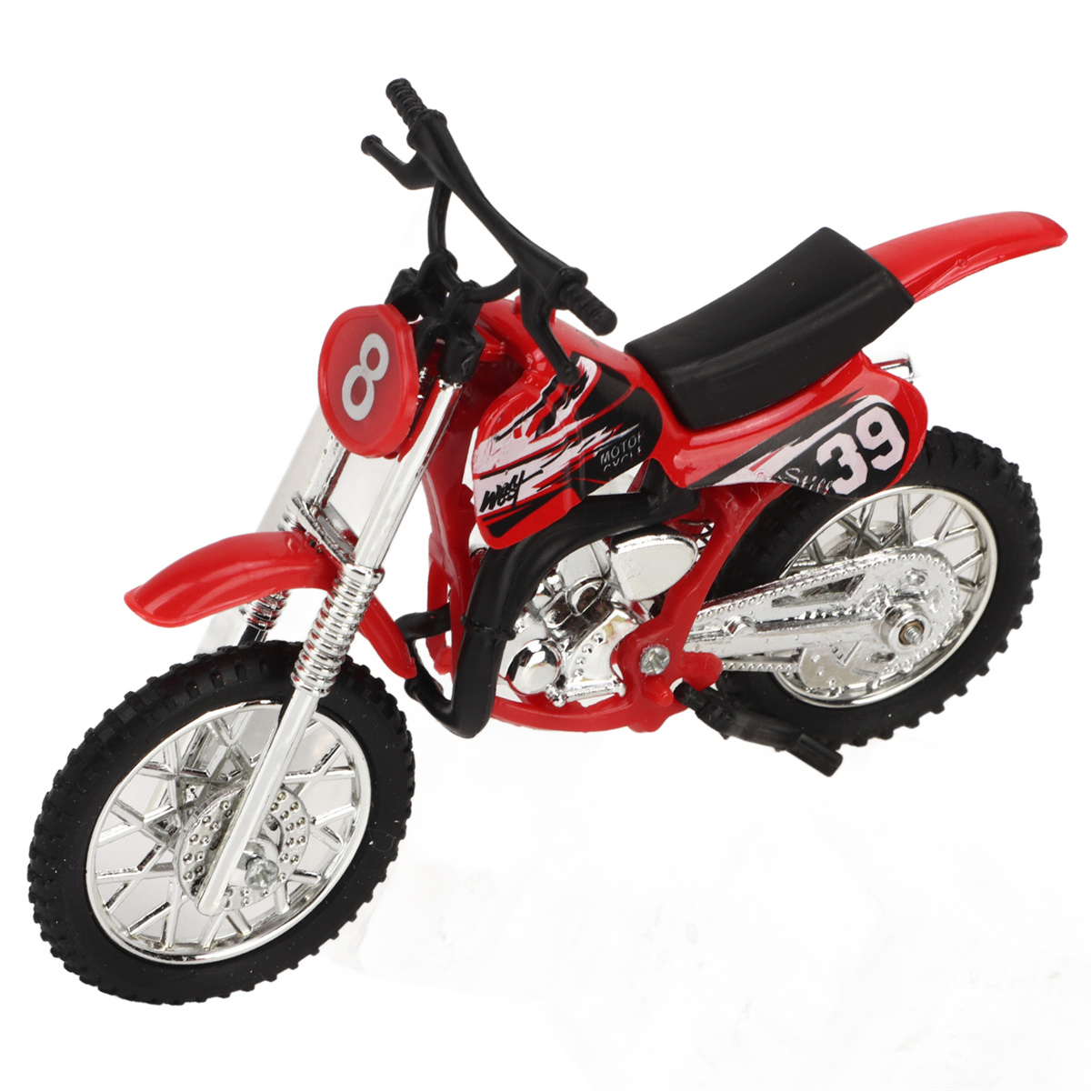 Rotes Spielzeugmotorrad mit schwarzen und silbernen Details. Nummer 8 vorne und 39 seitlich. Weißer Hintergrund.