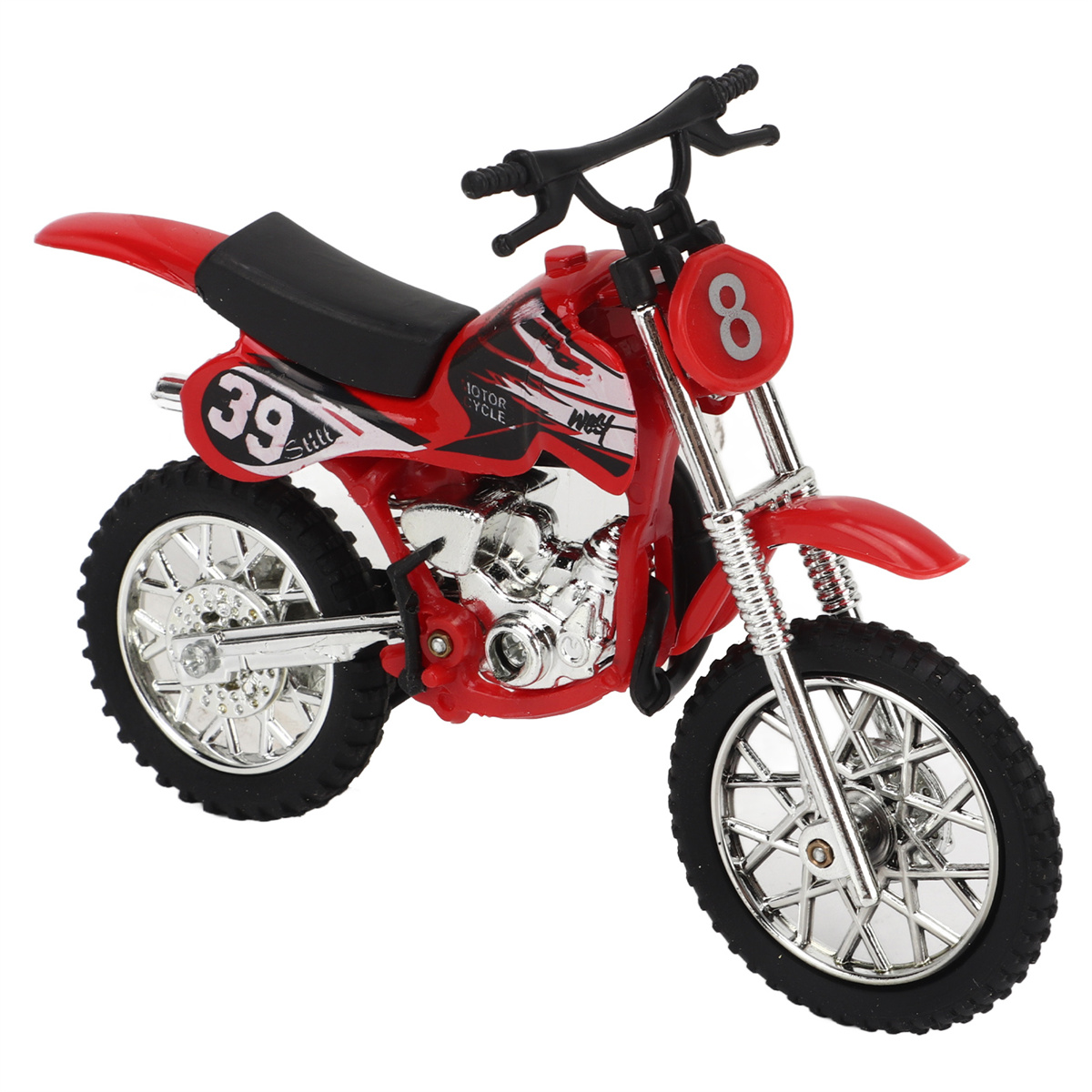 Ein rotes Spielzeugmotorrad mit schwarzen Details und der Nummer 8 vorne.