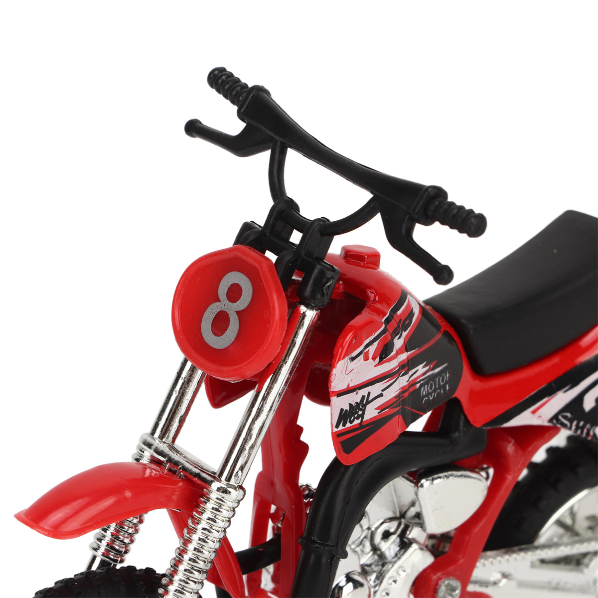 Ein Spielzeugmotorrad, rot mit schwarzen Details. Mit einer Nummer 8 vorne.