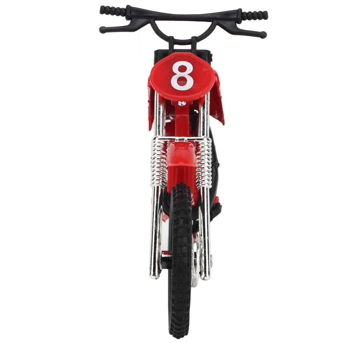 Ein rotes Spielzeugmotorrad mit der Nummer 8 vorne. Es ist auf weißem Hintergrund.